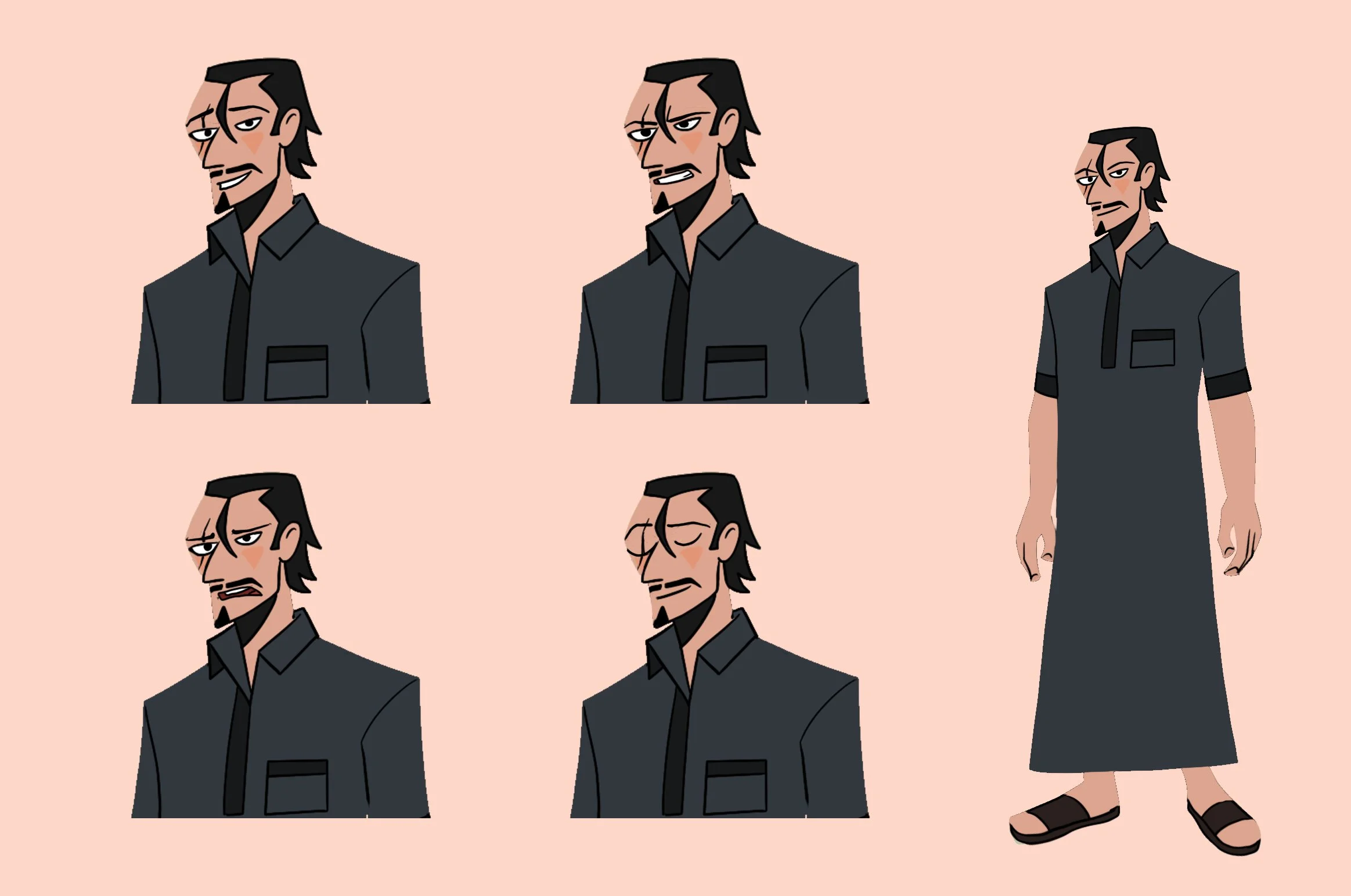 Series of cartoon images showing a male character with black hair, a goatee, wearing a dark gray shirt, displaying various facial expressions and a different pose in each image.