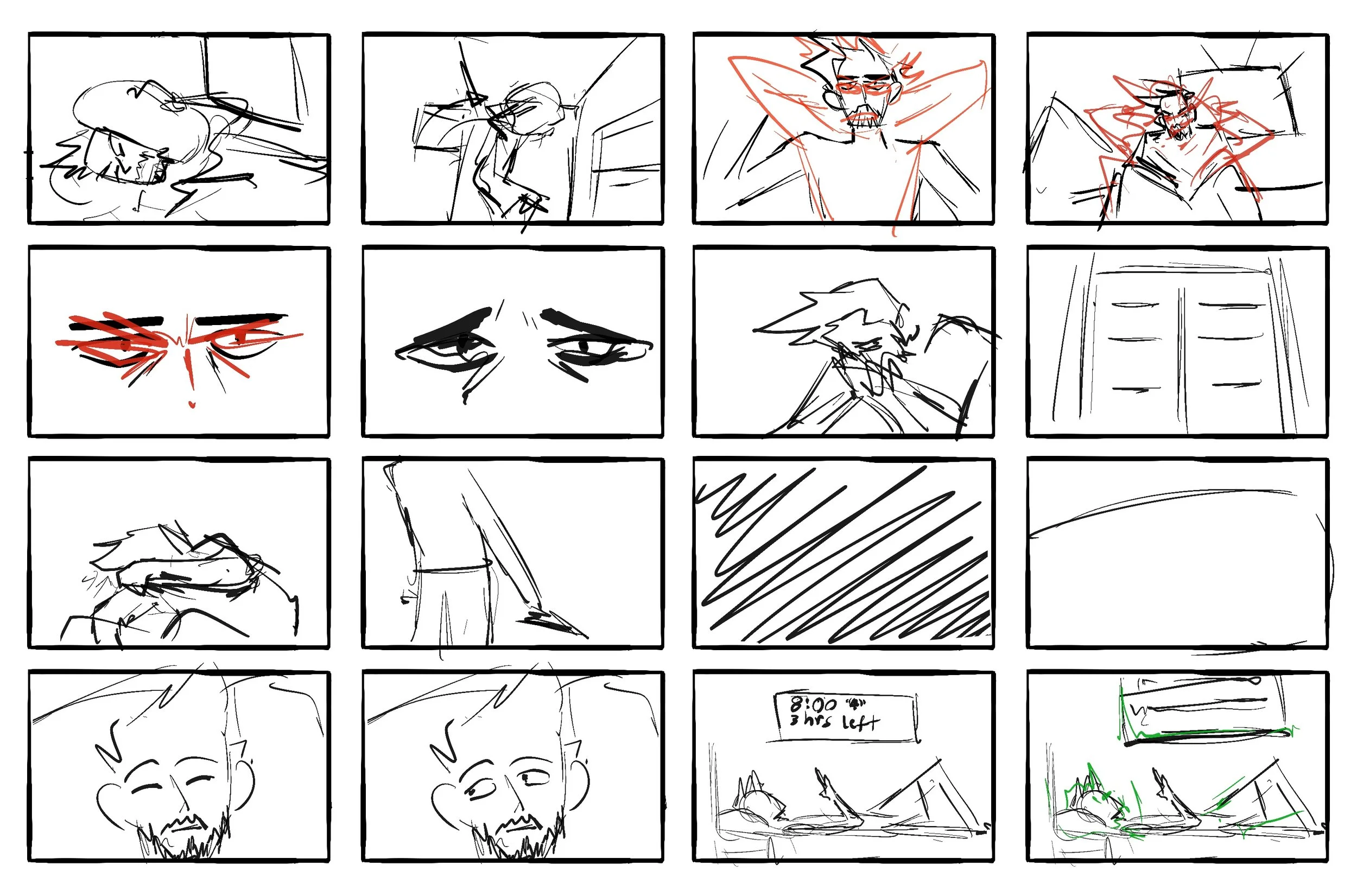 A series of rough sketches in comic strip format depicting a person with a beard and messy hair, showing different facial expressions, actions, and interactions with objects like a door and a computer screen.
