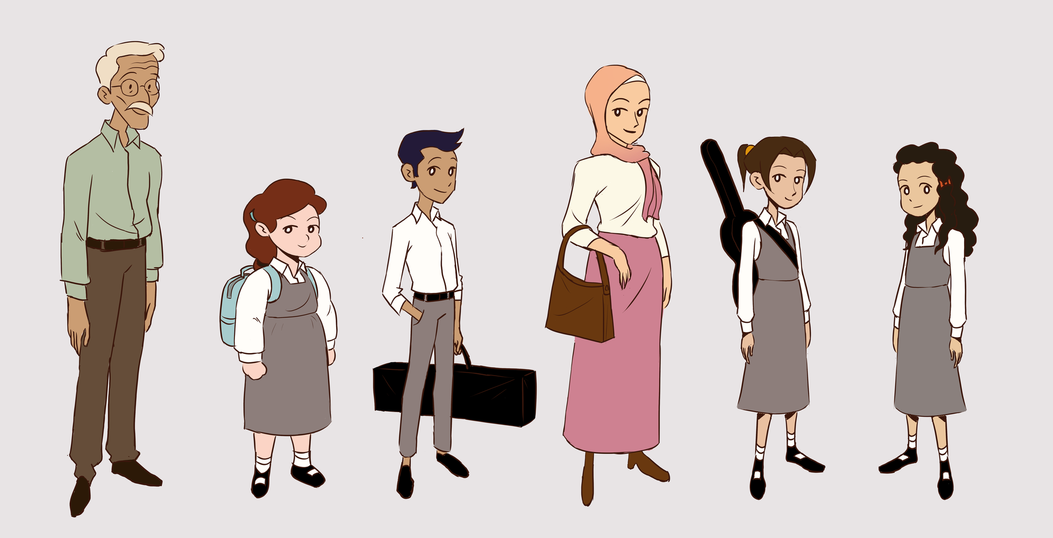 Illustration of diverse children and adults standing in a line, with some children carrying backpacks and instruments, against a plain background.