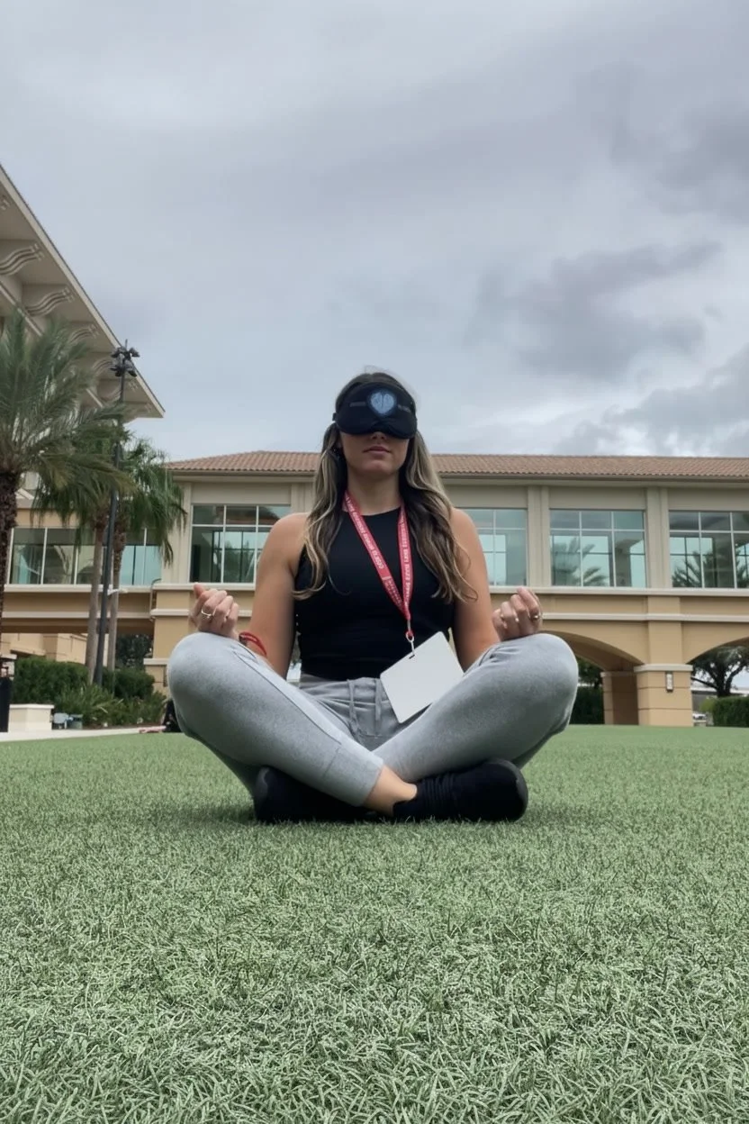 A woman sitting cross-legged on artificial grass, wearing a black visor, black tank top, gray sweatpants, and black socks, with a lanyard and ID badge around her neck, meditating outdoors in front of a large building with palm trees and cloudy sky.