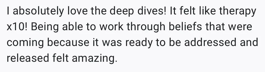 Text about love of deep dives and therapeutic release from beliefs.