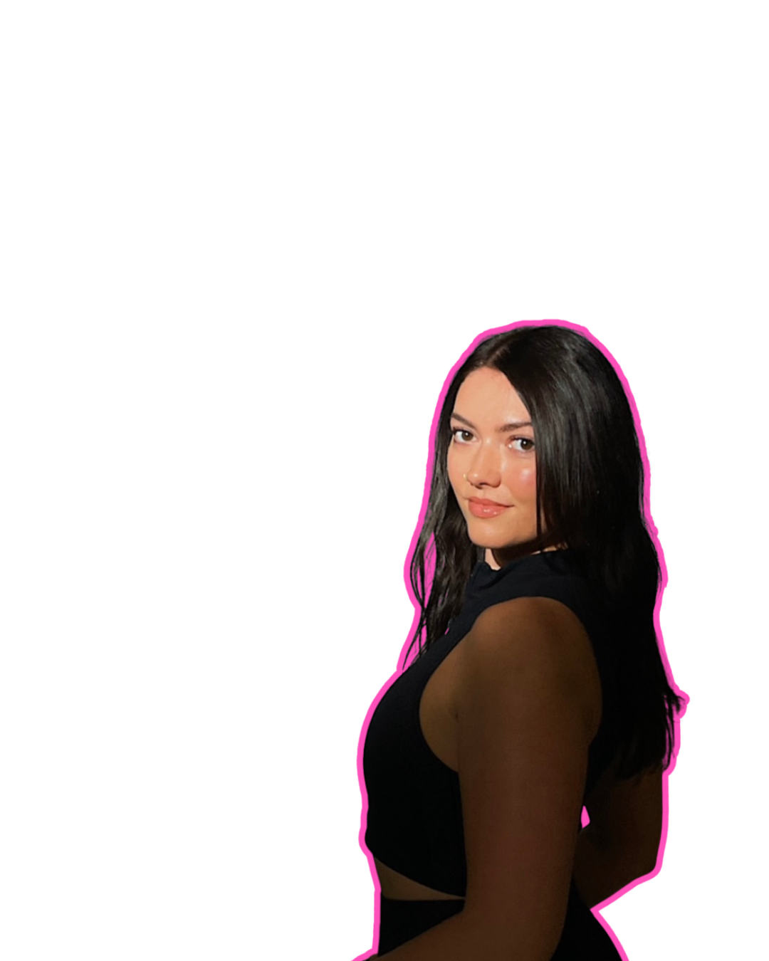 A woman with long black hair and light skin, wearing a sleeveless black top, standing against a pink background with a pink outline around her.