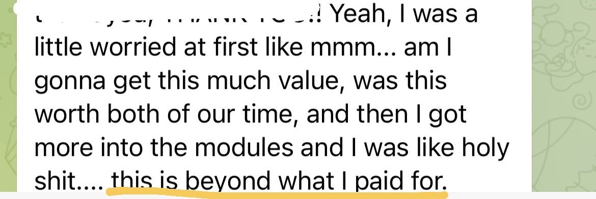 Screenshot of a chat conversation with text discussing the value of a course or module, with a highlighted phrase at the bottom.