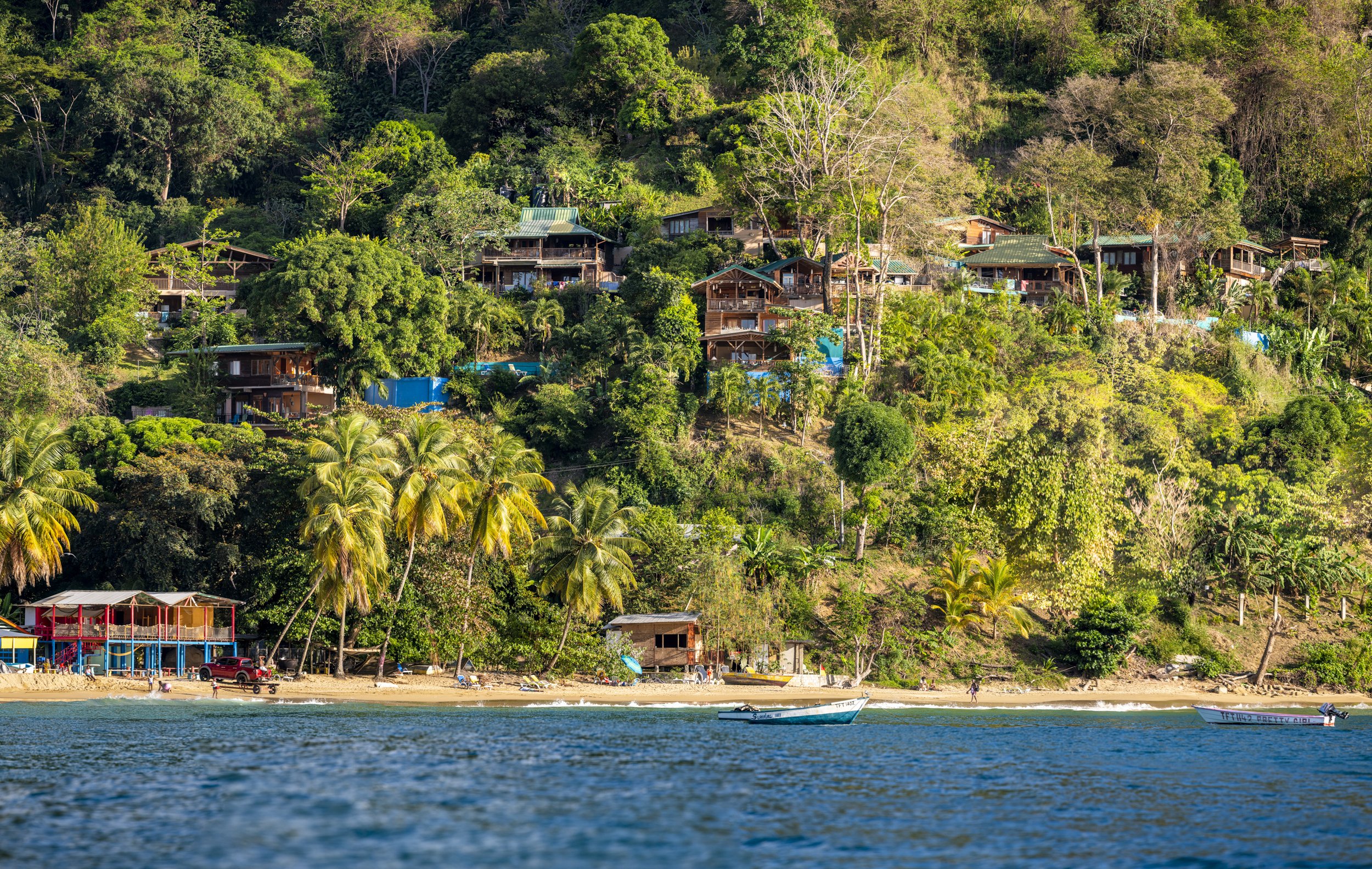 A view of houses and cabins on a hillside covered with lush green trees along a coastline, with boats floating in the water in the foreground.