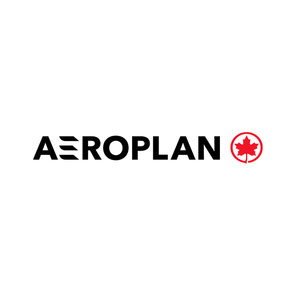 A logo with the word 'AEROPLAN' in black text, featuring stylized letters with horizontal lines, next to a red circle containing a maple leaf.