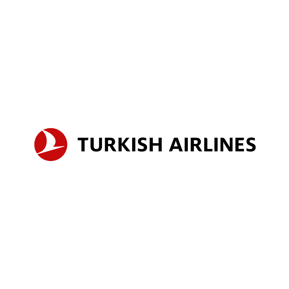 Turkish Airlines logo with a red circle and a white bird silhouette, accompanied by the bold black text 'TURKISH AIRLINES'.
