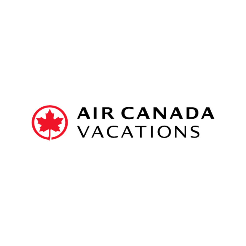 Logo of Air Canada Vacations with a red maple leaf icon and black text.
