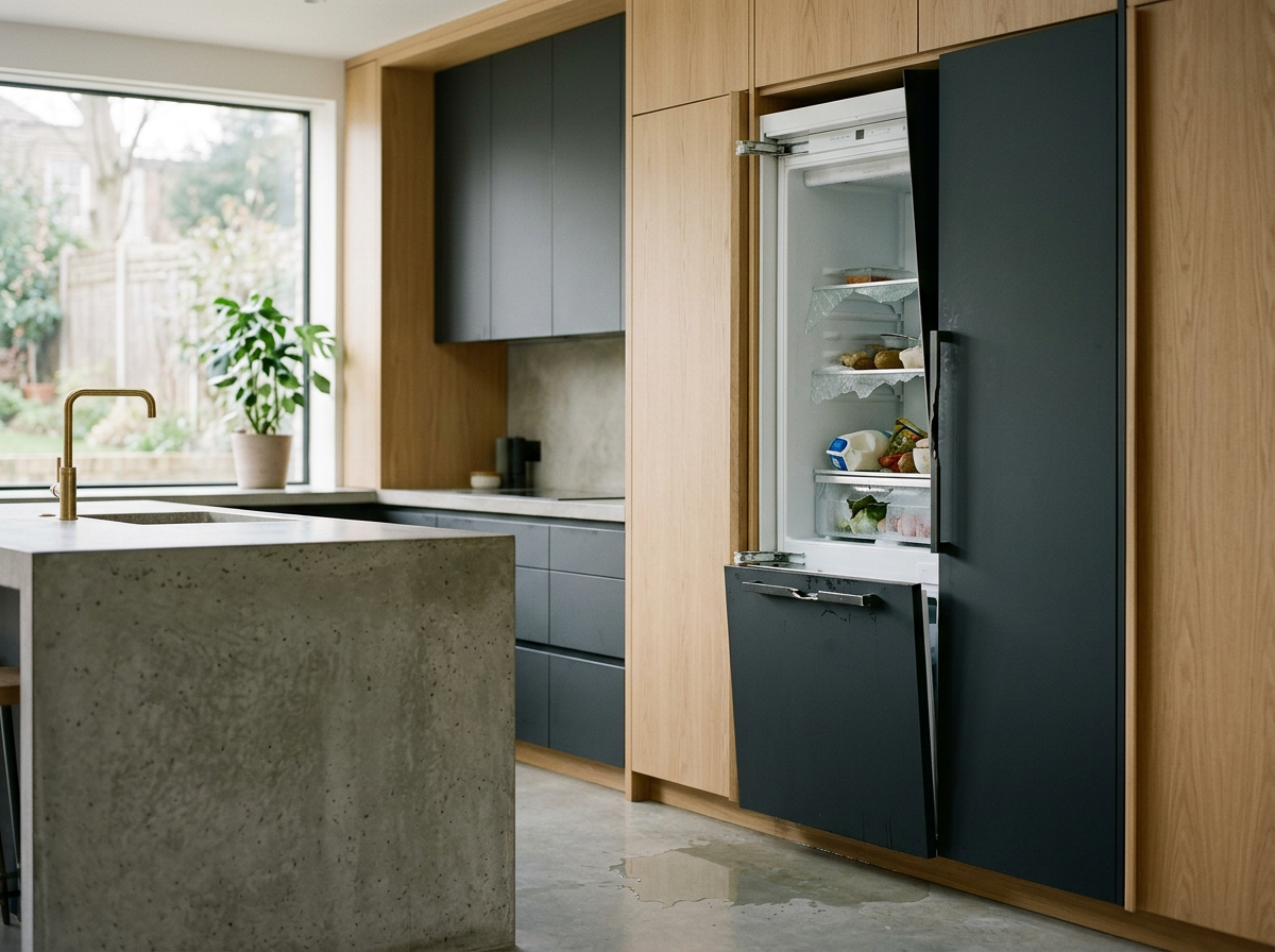 Open refrigerator in a modern kitchen with wooden cabinets, a concrete island with a gold faucet, and a large window with a plant outside.