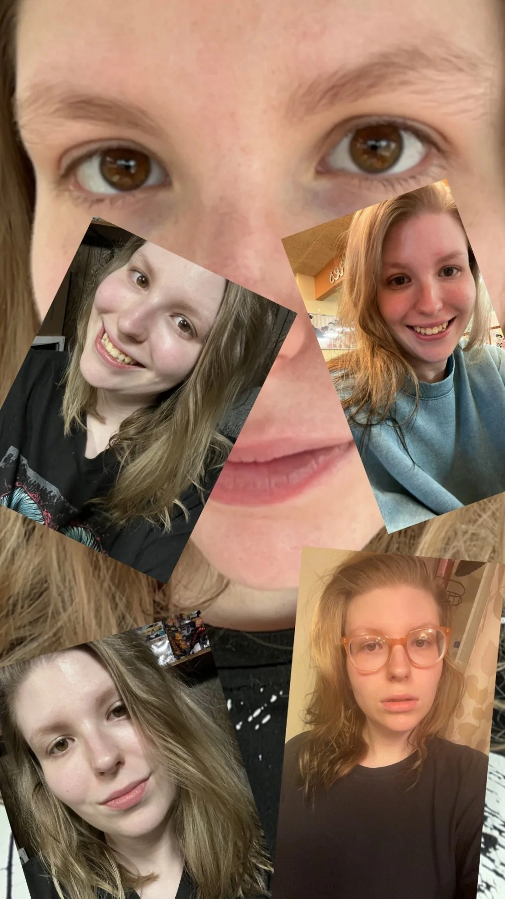 Collage of several photos of a young woman with brown hair and brown eyes, featuring close-up and portrait shots in different settings and expressions.