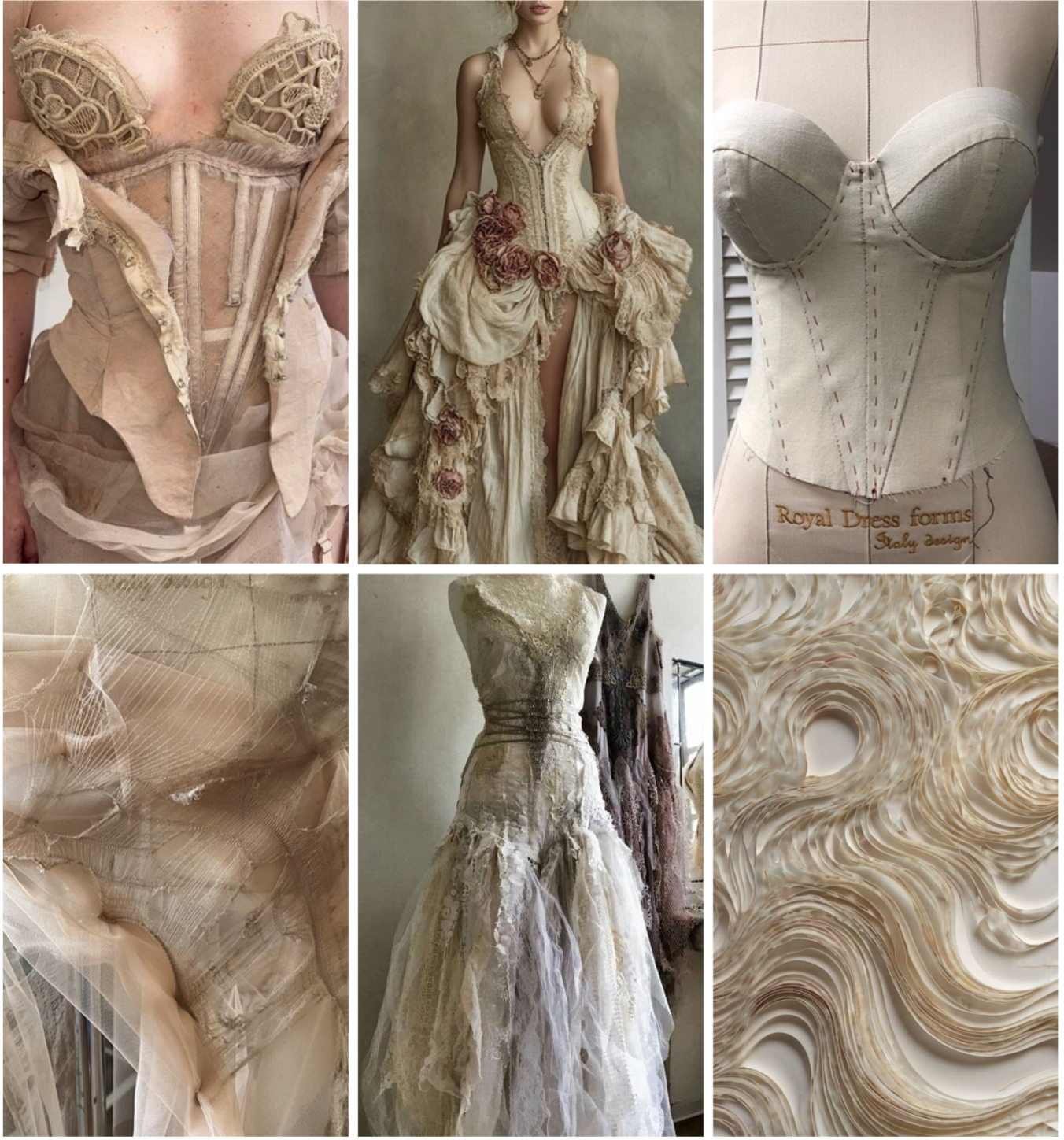 Collage of vintage and couture wedding dress designs, featuring intricate lace, corsets, ruffles, and fabric textures.