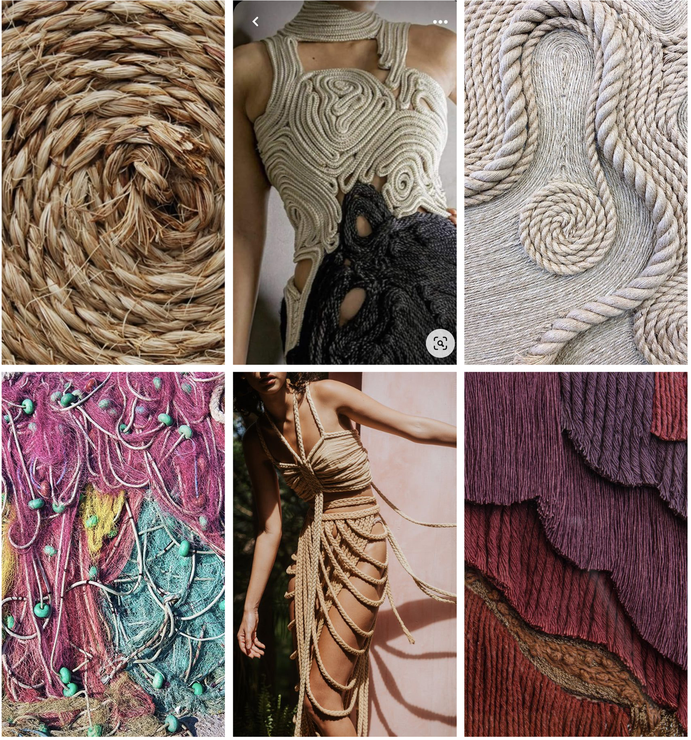 Various intricate textile and fashion designs using rope and fiber, including close-up views of woven ropes, a detailed fashion outfit with braided rope elements, and textured textile materials.