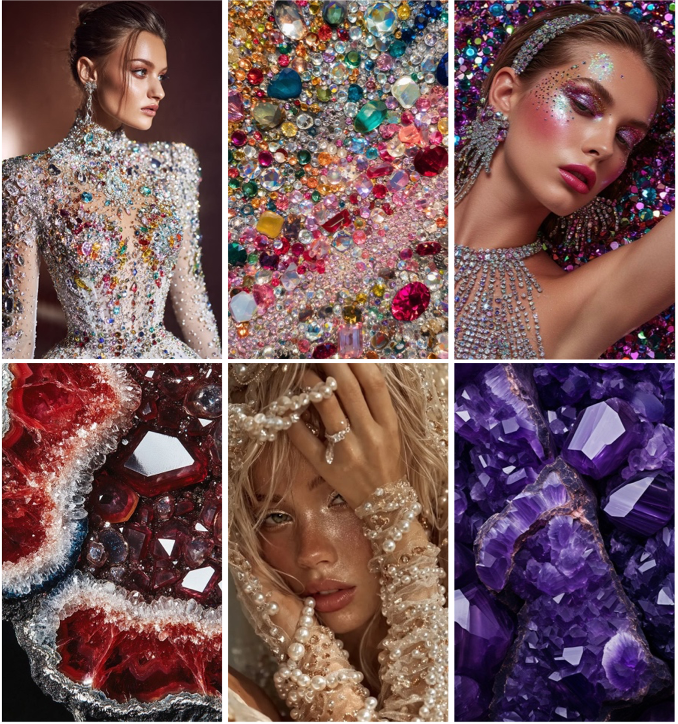 A collage of six images featuring luxurious jewelry, gemstones, and fashion, including models wearing earrings, necklaces, and rings adorned with colorful gemstones and crystals.