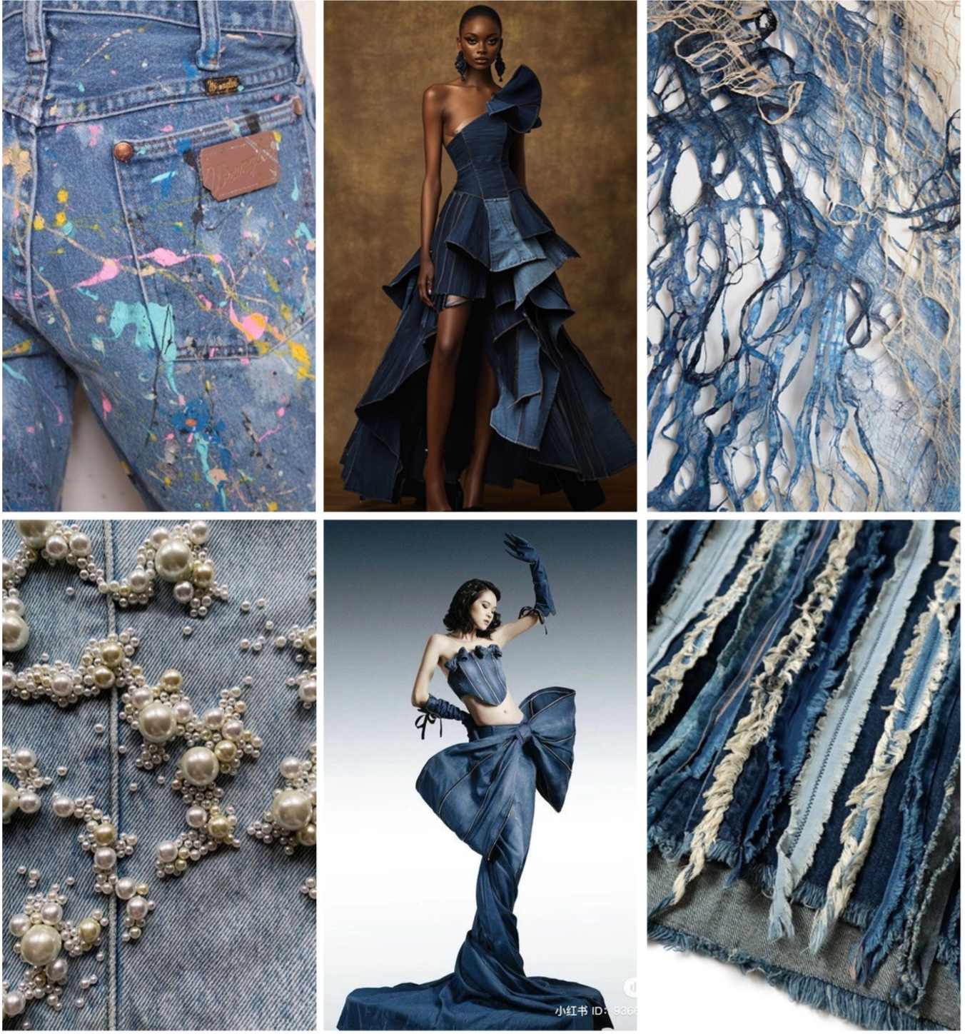 Collage of denim fashion items, including painted jeans, a model wearing a denim gown, denim textile art, pearl jewelry on denim, a model in a denim dress, and ruffled denim fabric.