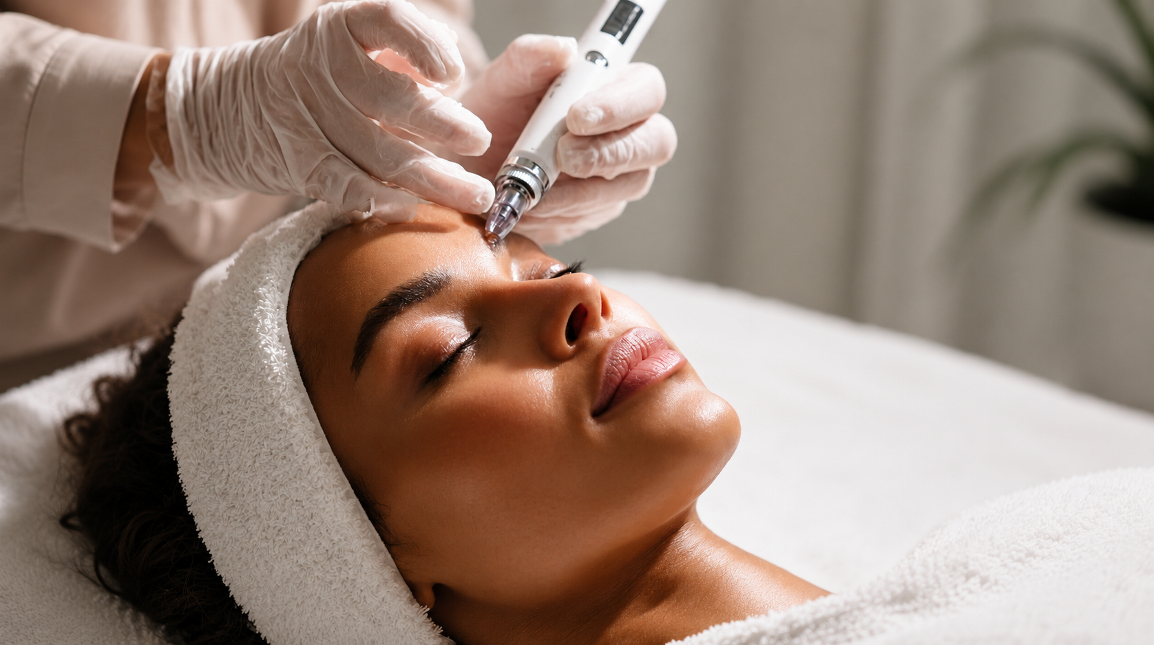 A woman receiving a facial treatment with a microneedling device in a spa or clinic setting, lying down with a towel wrapped around her head, and a professional wearing gloves performing the procedure.