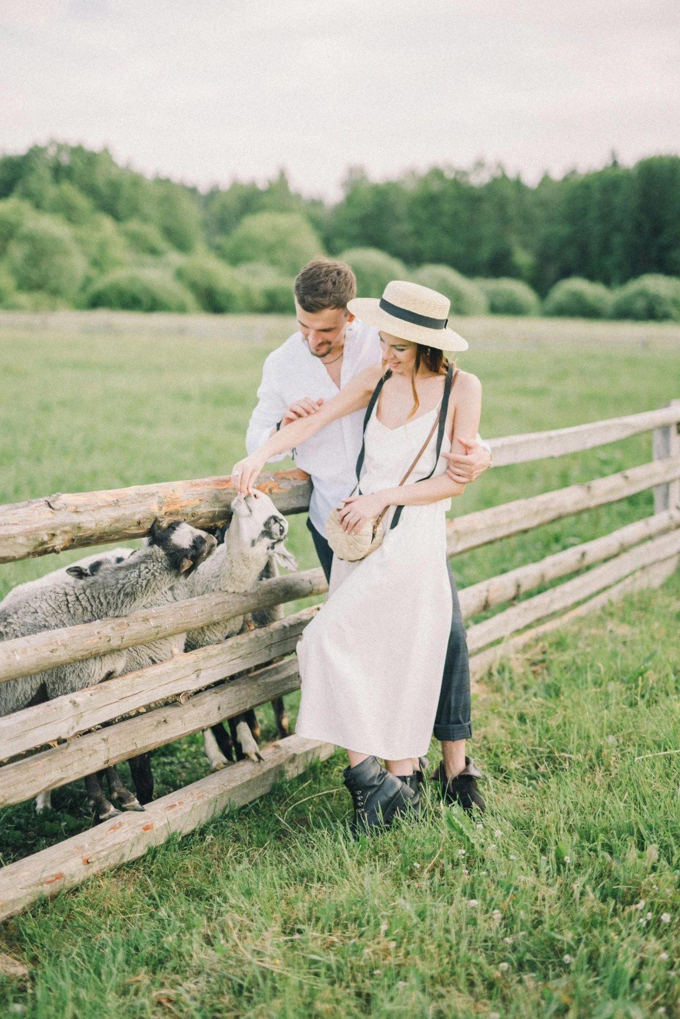 A couple standing outside by a wooden fence, feeding and petting several baby goats in a grassy field with trees in the background on a cloudy day.