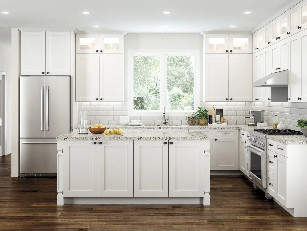 Bright, white kitchen with granite countertops, white cabinets, a window with a view of trees, stainless steel appliances, and wooden flooring.