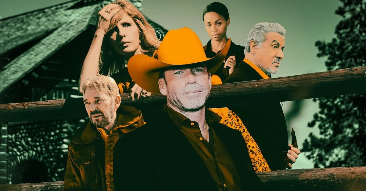 A graphic collage of Taylor Sheridan surrounded by character stills of Billy Bob Thornton, Sylvester Stallone, Zoe Saldaña, and Kelly Reilly from their respective series.