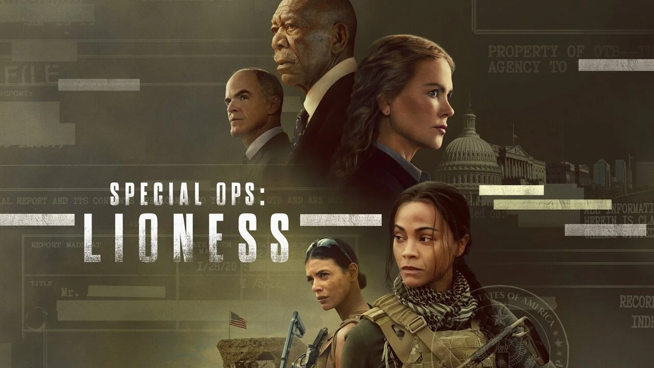 Zoe Saldaña, Laysla De Oliveira, Nicole Kidman, Morgan Freeman, and Michael Kelly in the CIA thriller series Lioness.