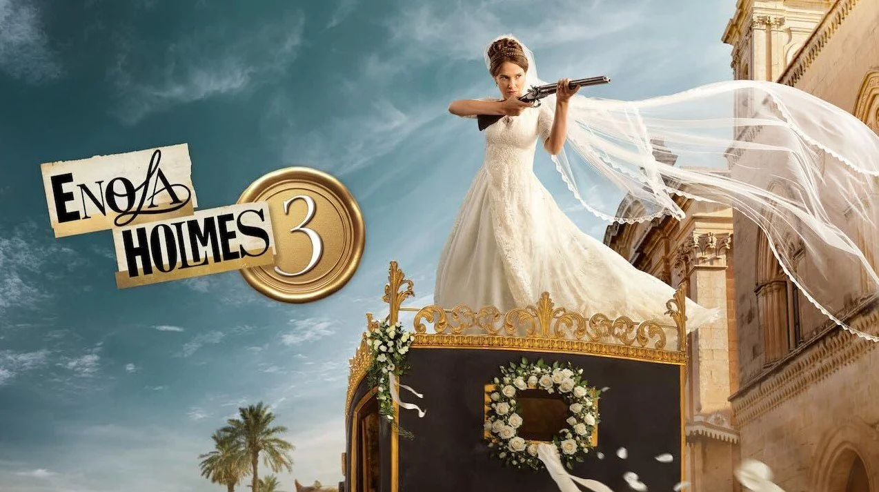 A bride in a wedding dress aiming a rifle from a wedding carriage during a parade in a city with historic architecture and palm trees.