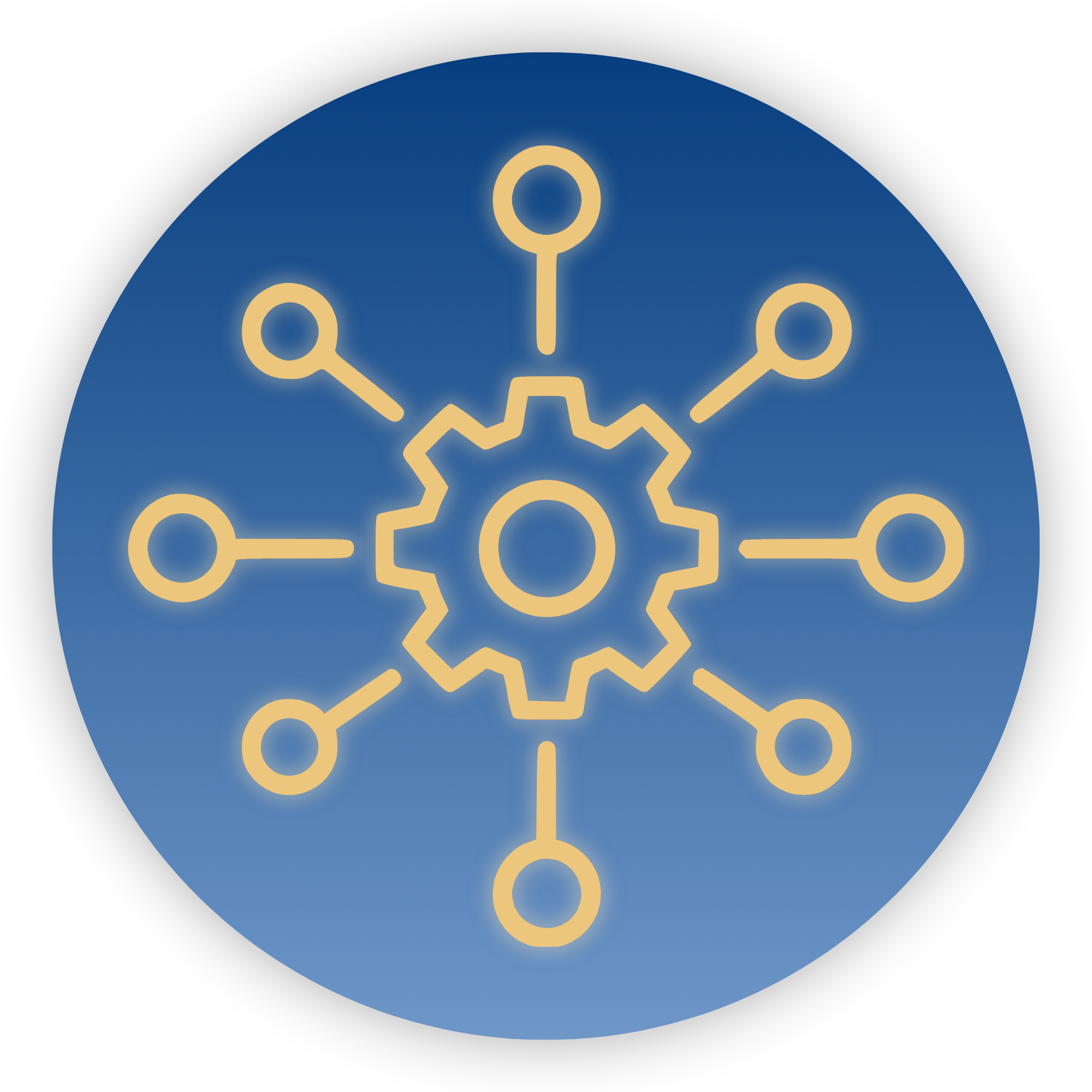 Illustration of interconnected gears and a circuit in gold lines on a blue circular background.