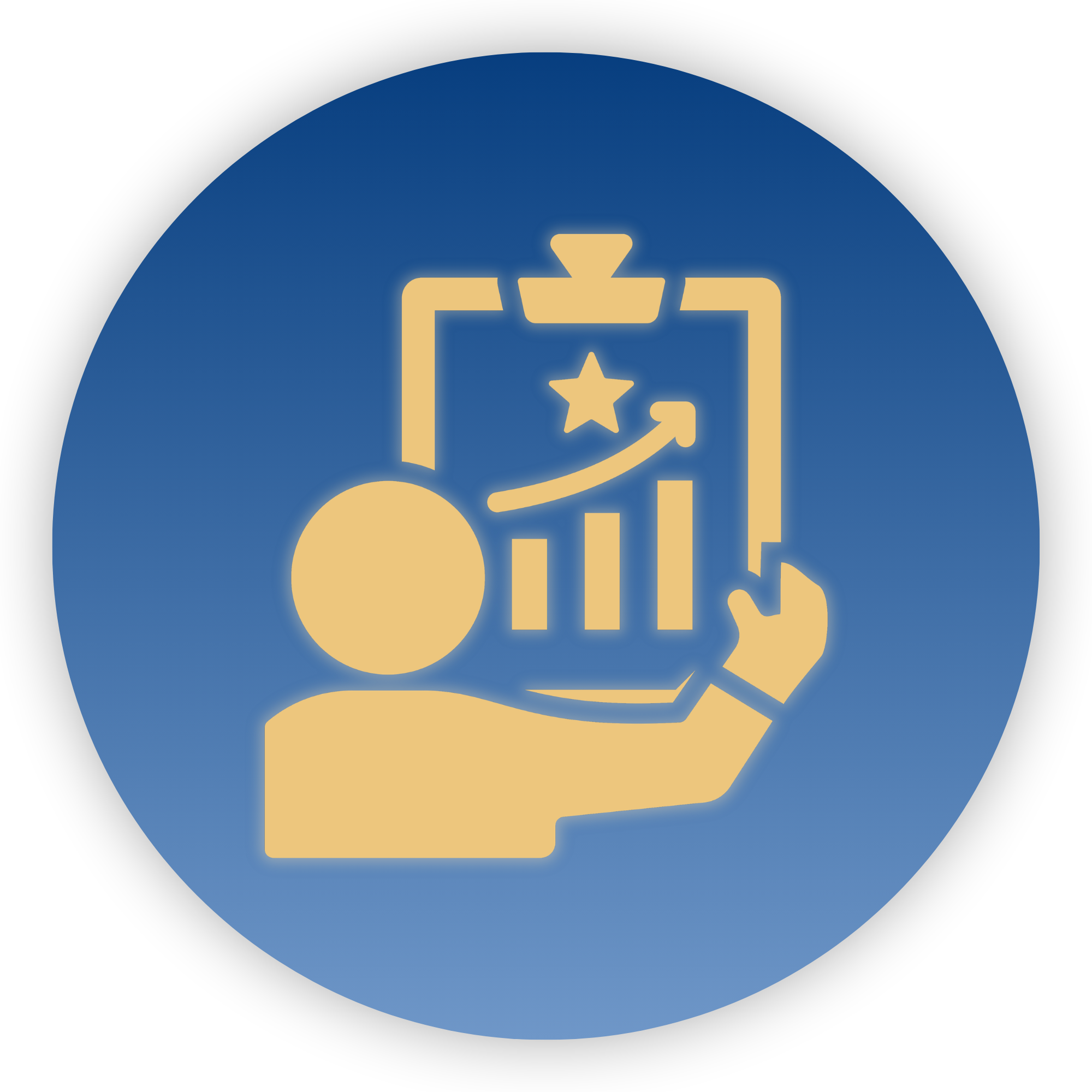Gold-colored badge with a star, arrow, and graph symbols on a blue circular background.
