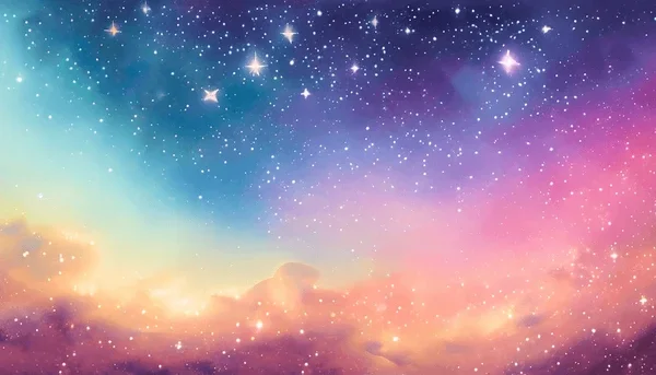 Colorful starry sky with clouds, featuring shades of purple, pink, blue, and yellow.