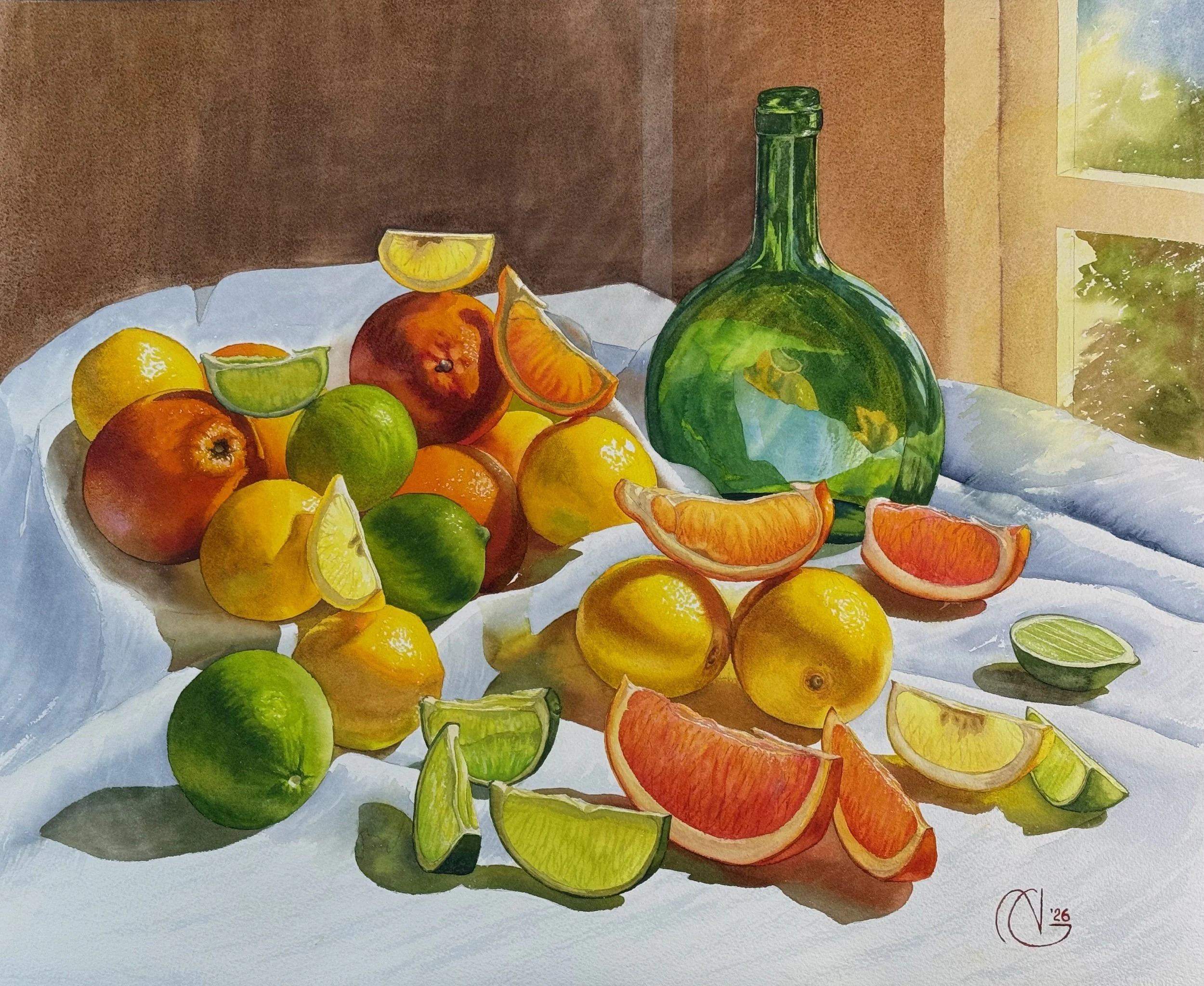 Watercolour painting of citrus fruits, glass bottle and bowl on white cloth, Winter Harvest Bounty by Nely Golovkova