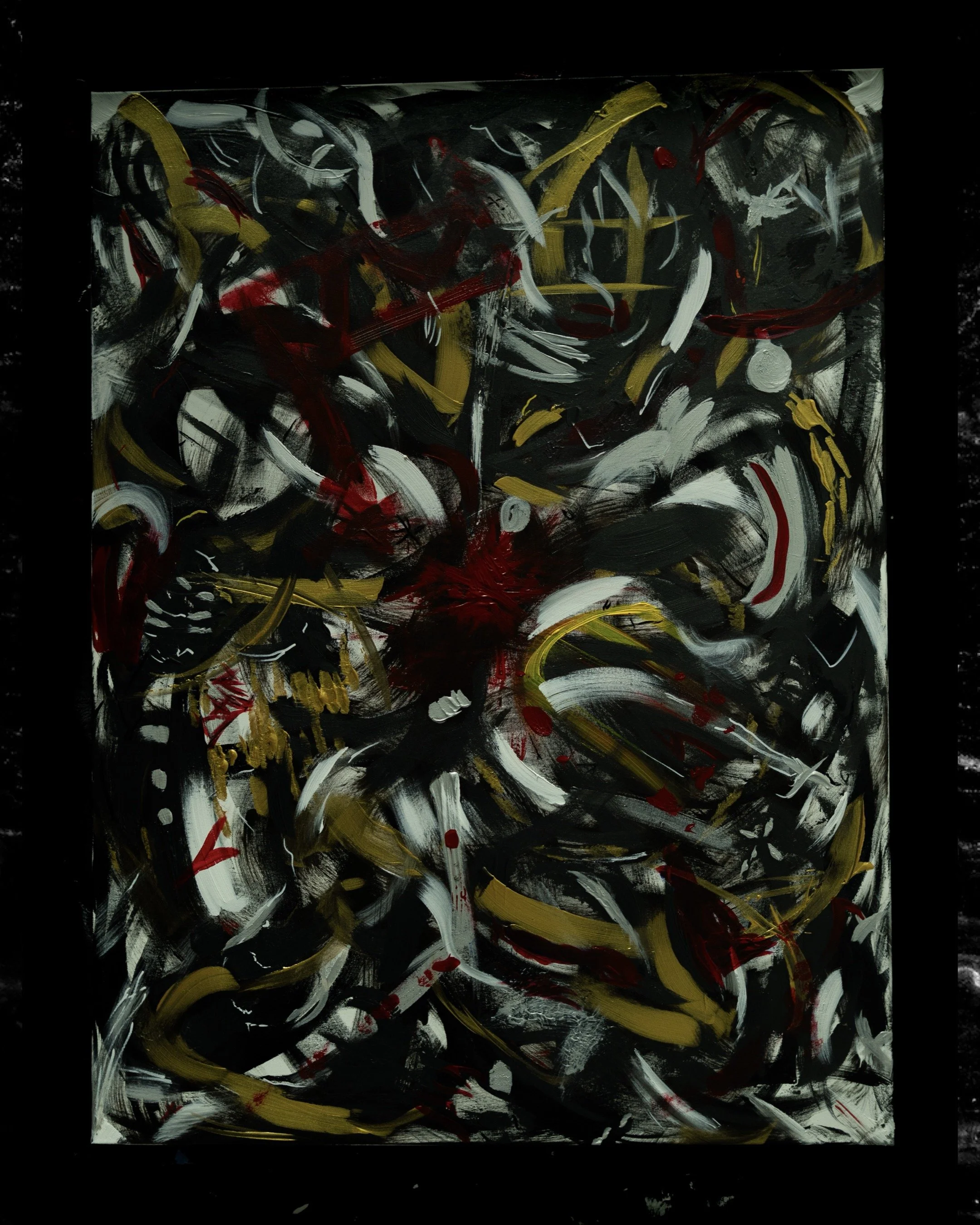 Abstract expressionist painting with swirling strokes of black, white, gold, red, and gray on a black background.