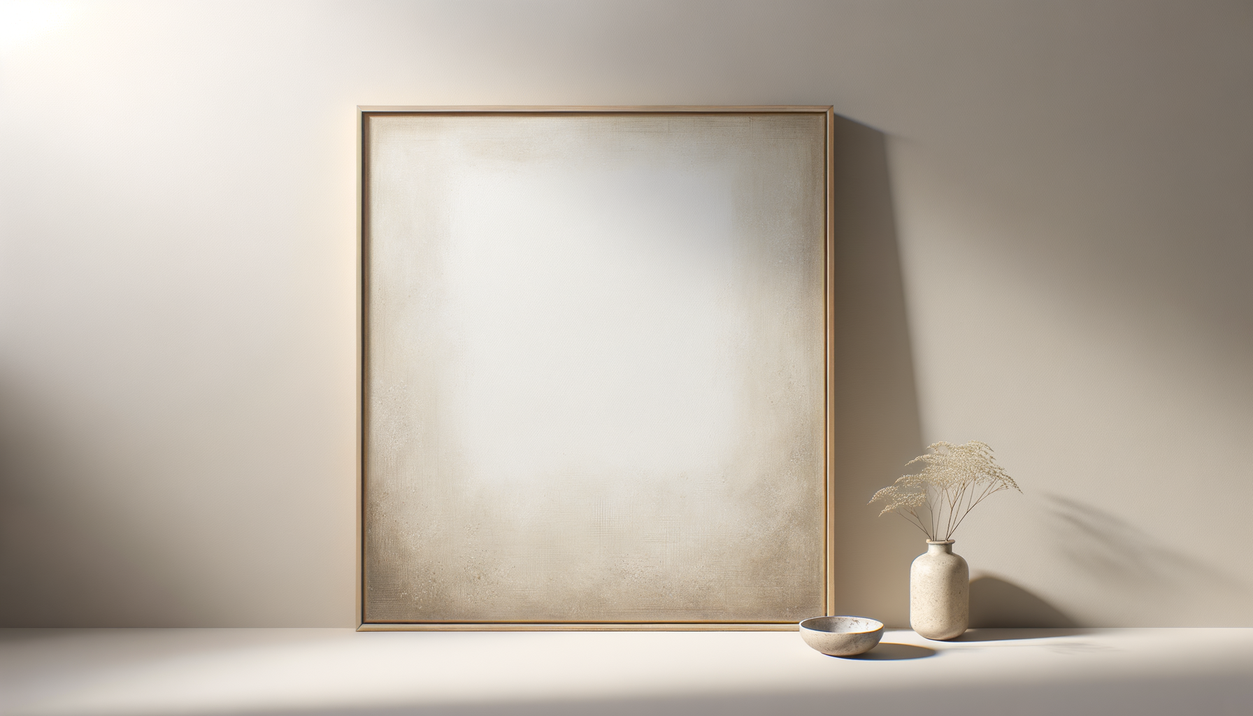 A large, empty, beige canvas with a thin wooden frame leaning against a beige wall, with a white vase holding dried pampas grass and a small ceramic bowl placed on a white surface.