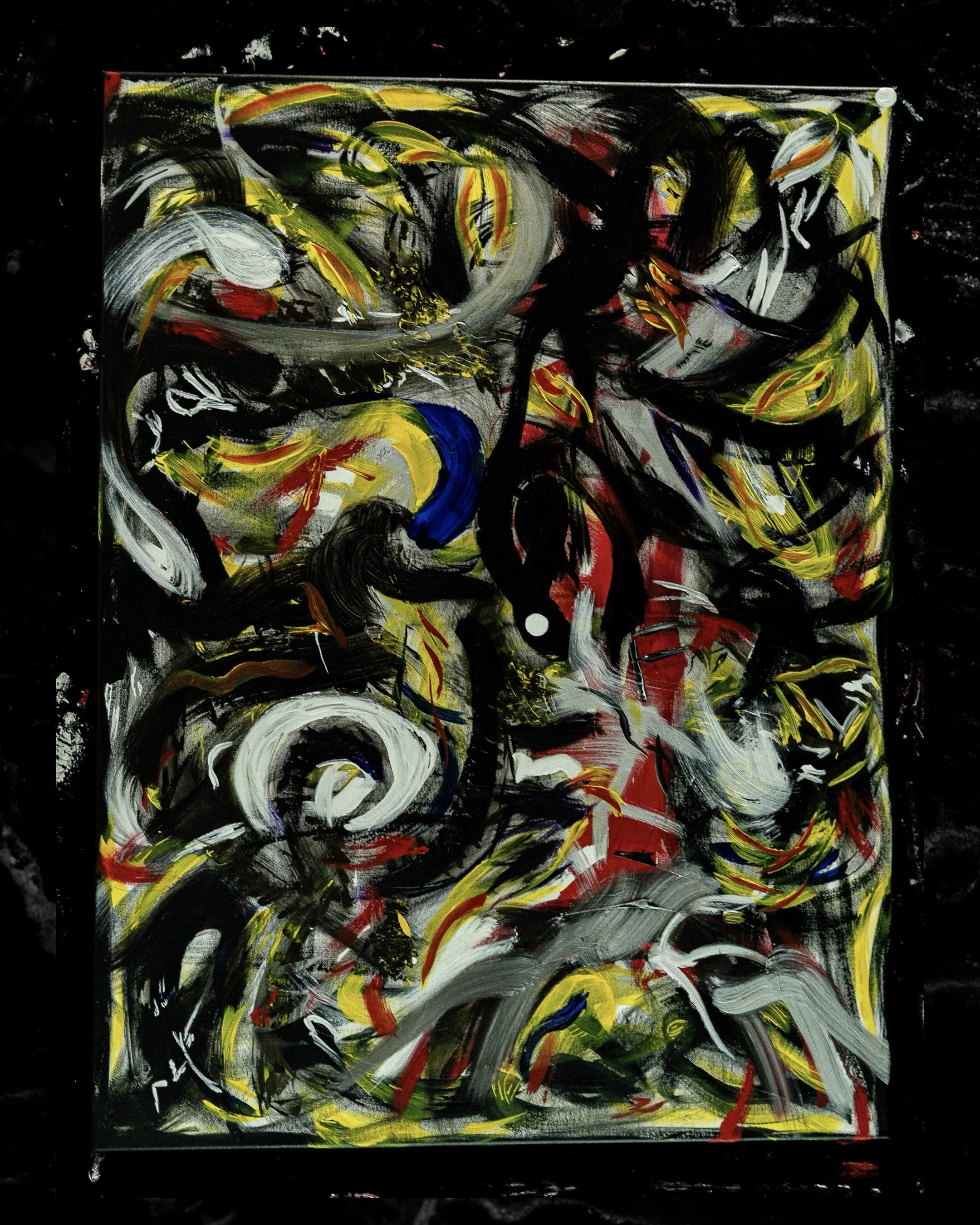 A modern abstract painting with bold black strokes, white swirls, and highlights of yellow, red, blue, and purple on a black background.