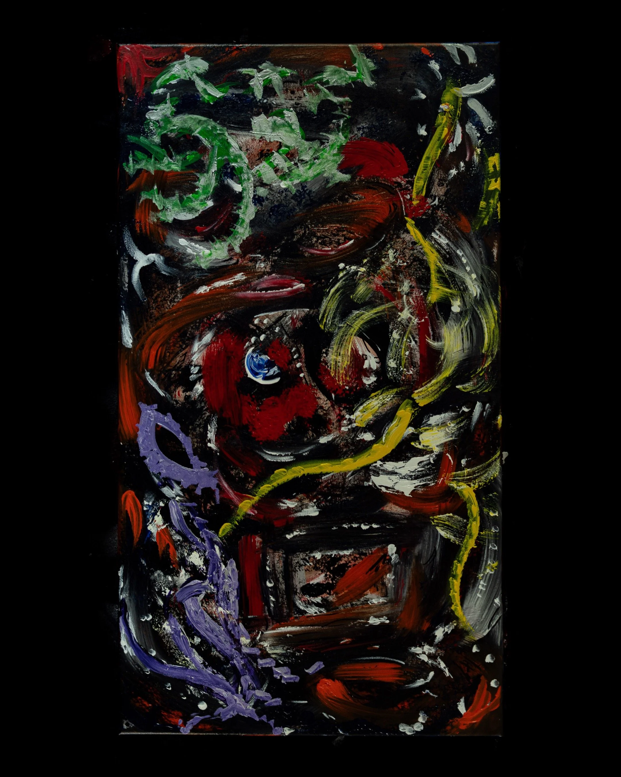 Abstract painting featuring bold streaks and splashes of green, purple, red, yellow, white, and orange on a dark background.