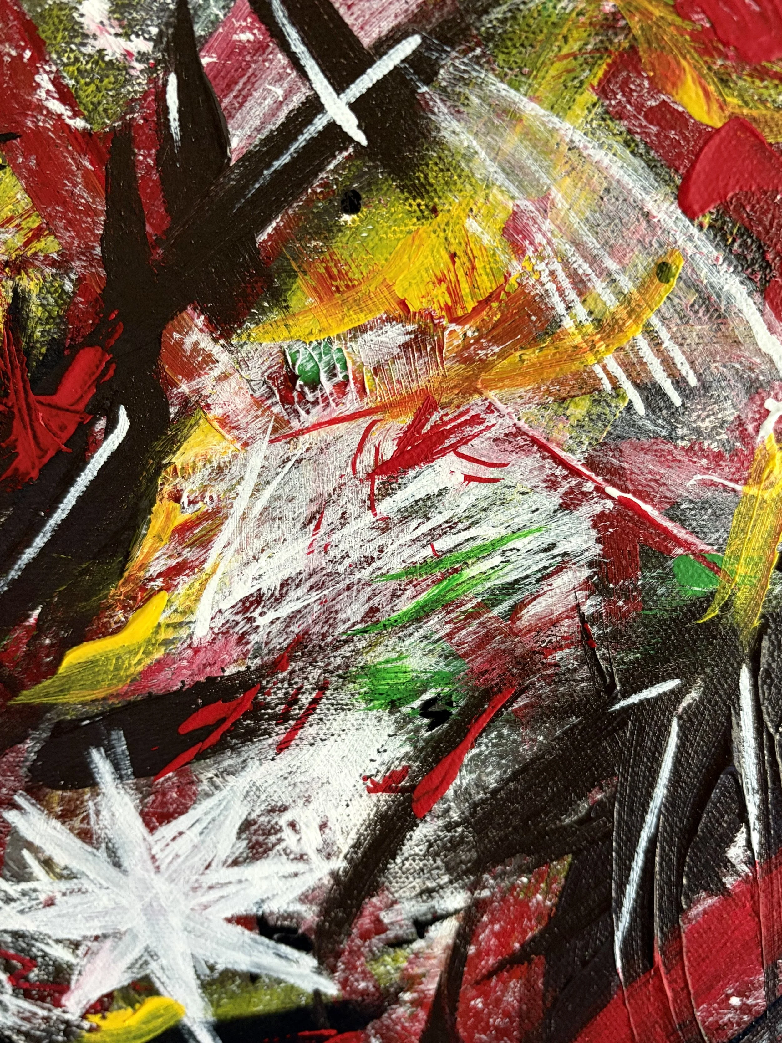 Close-up view of an abstract painting with bold black, white, red, yellow, green, and pink brushstrokes and textured surface.