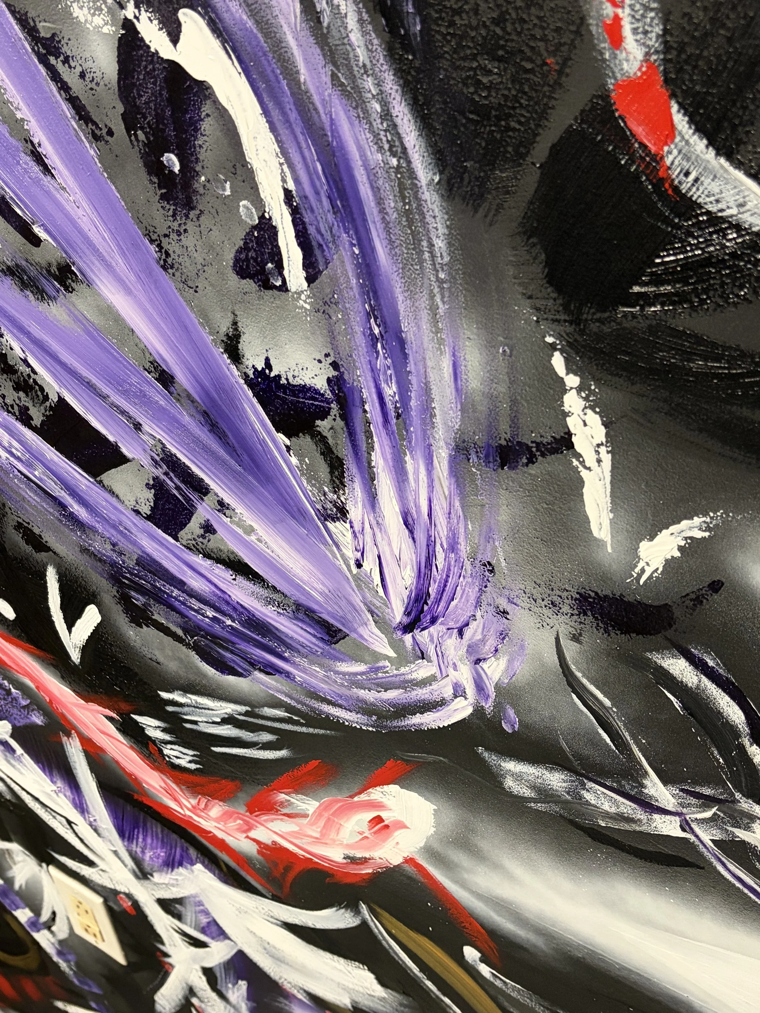 Abstract painting with bold, sweeping strokes of purple, white, red, black, and gold on a textured black background.