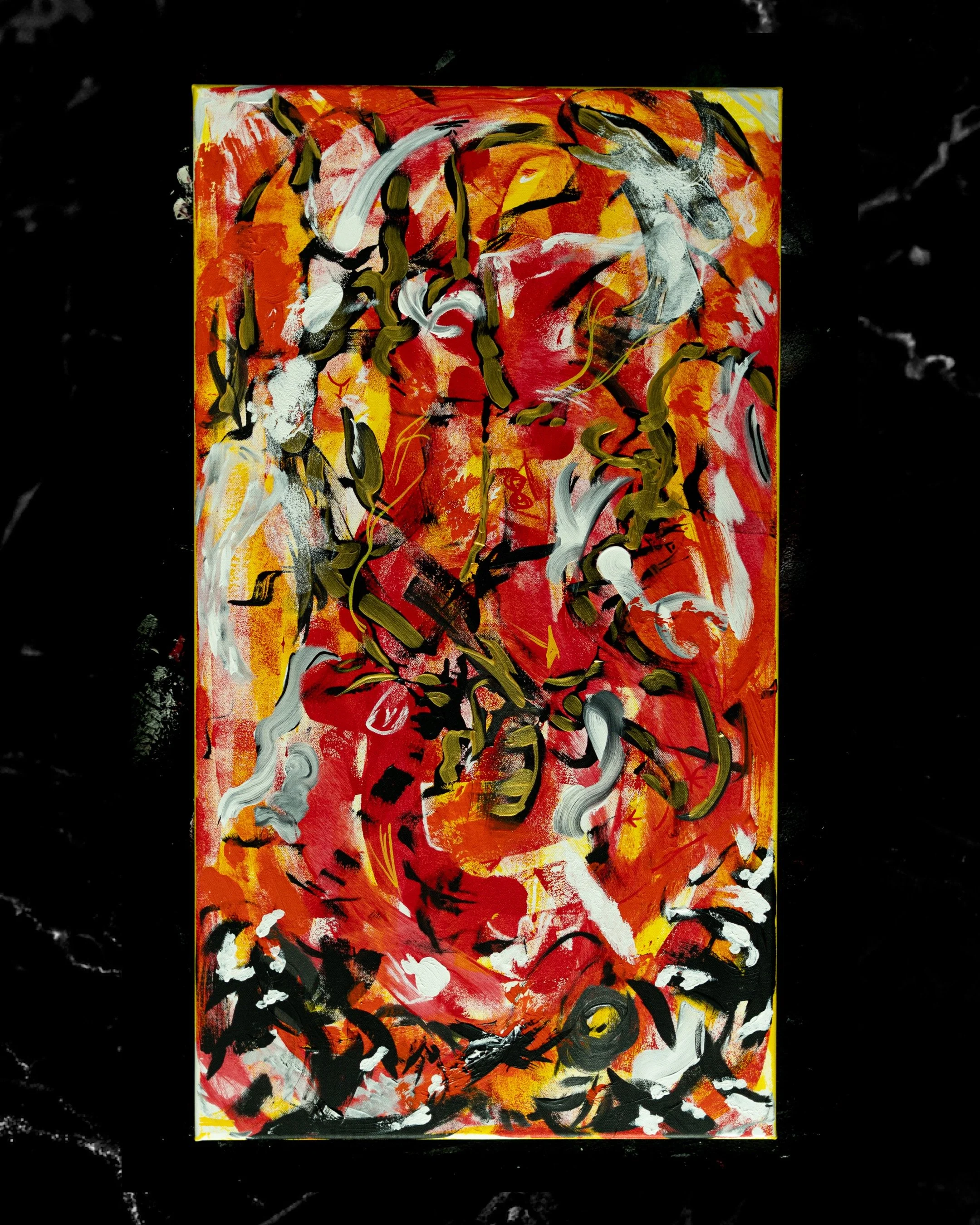 Abstract painting with red, yellow, white, black, and green brushstrokes, set on a black background.