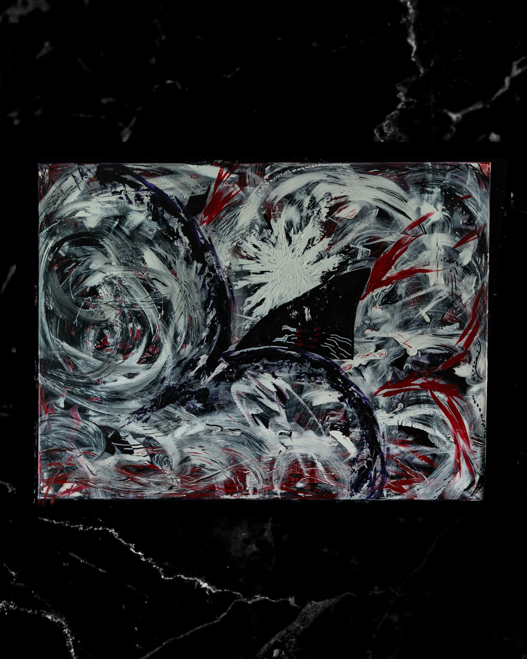 Abstract painting with swirling white, red, black, and purple brushstrokes on a black background.