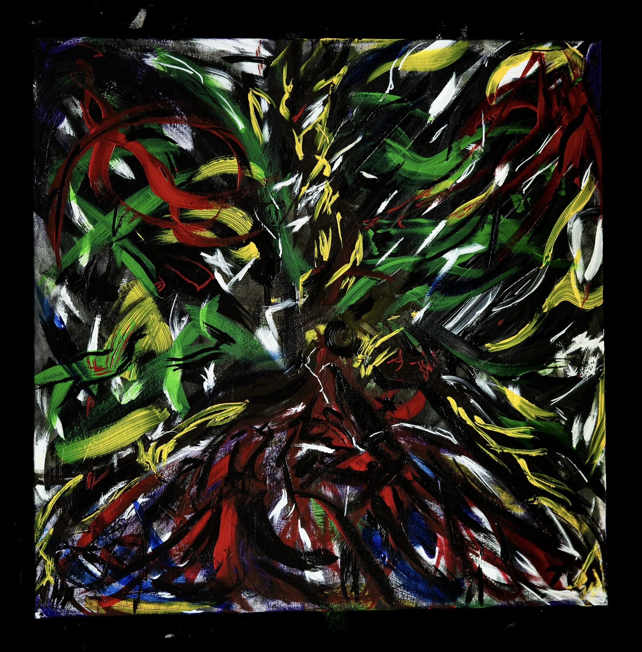 Abstract painting with vibrant swirling strokes of red, green, yellow, white, black, and blue on a black background.