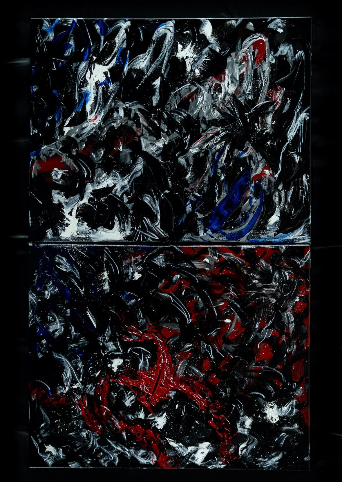 Abstract mixed media artwork with bold swirling strokes of black, white, red, and blue paint, divided into three horizontal sections.