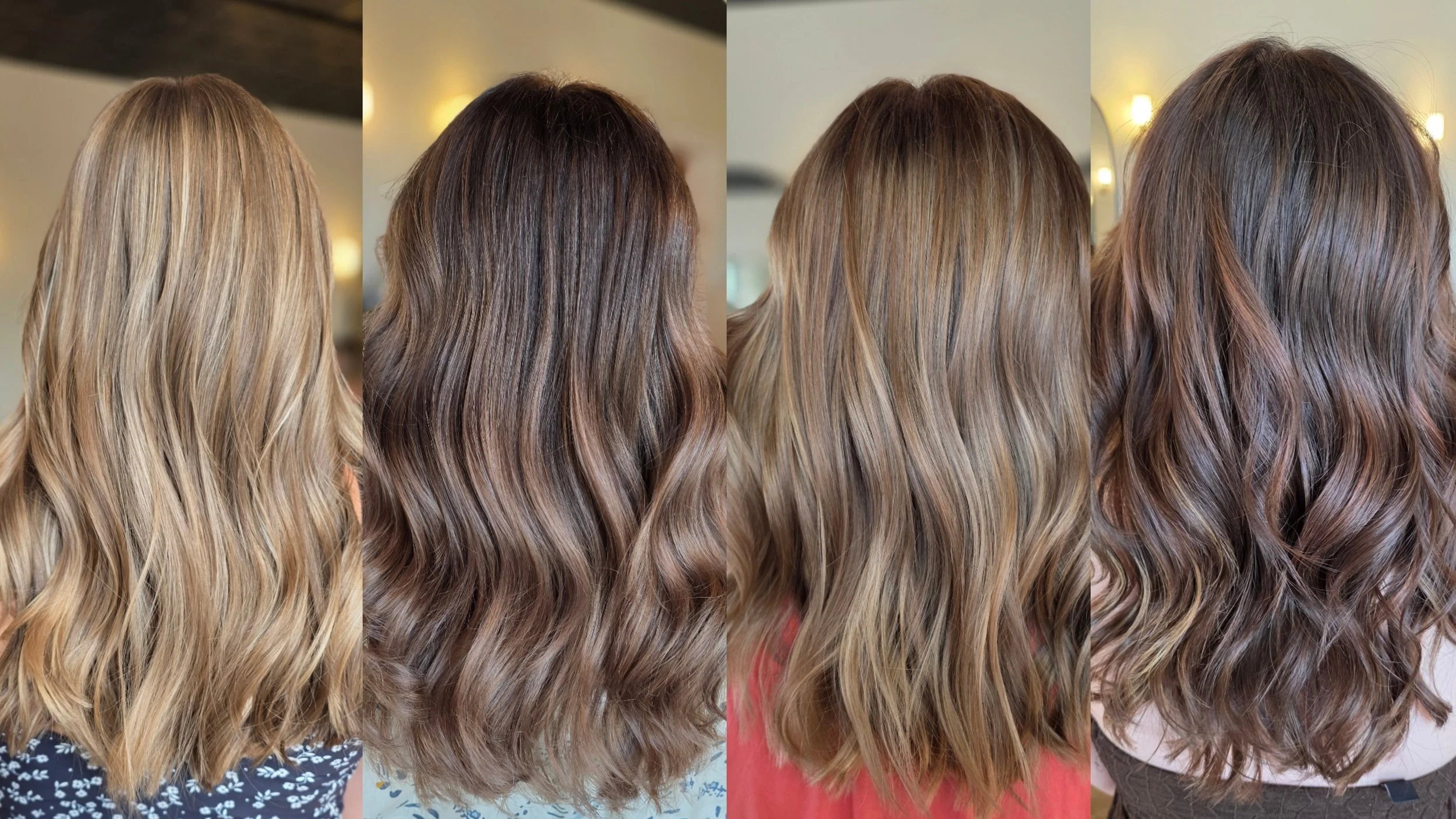 The image shows a 4-panel comparison of women's hair from behind, each panel featuring different hair colors and styles with soft waves, set against an indoor background with warm lighting.