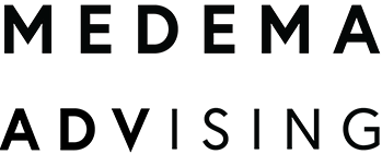 Text that reads 'MEDEMA ADVISING' against a black background