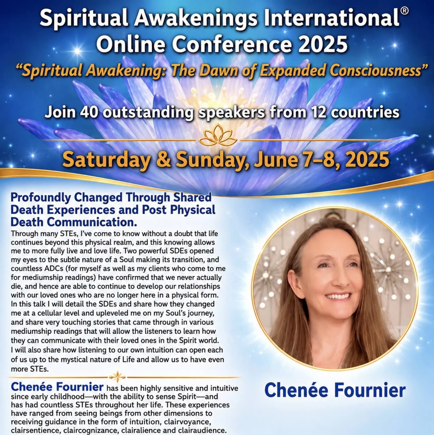 Portrait of Chenee Fournier a panelist for the Spiritual Awakenings International Conference June 2025 where she spoke about a shared death experience