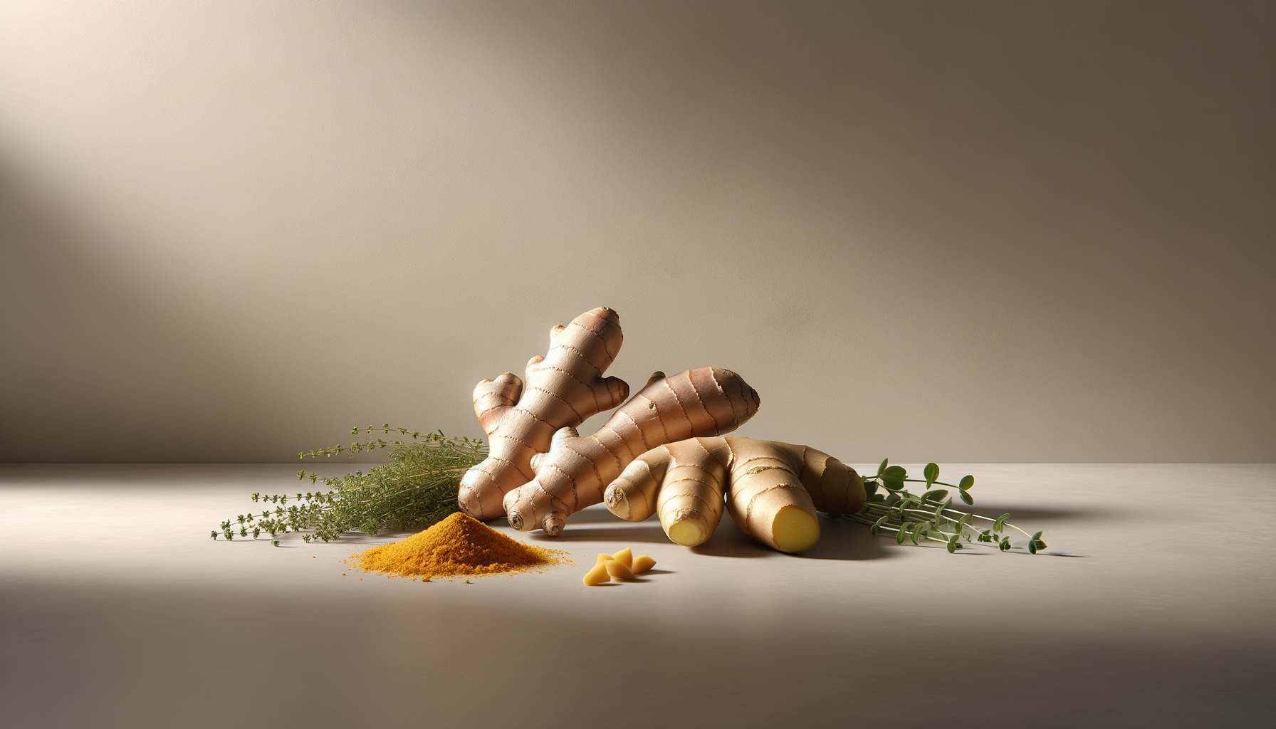 Fresh turmeric roots with green herbs, ground turmeric powder, and turmeric paste on a white surface with a beige background.