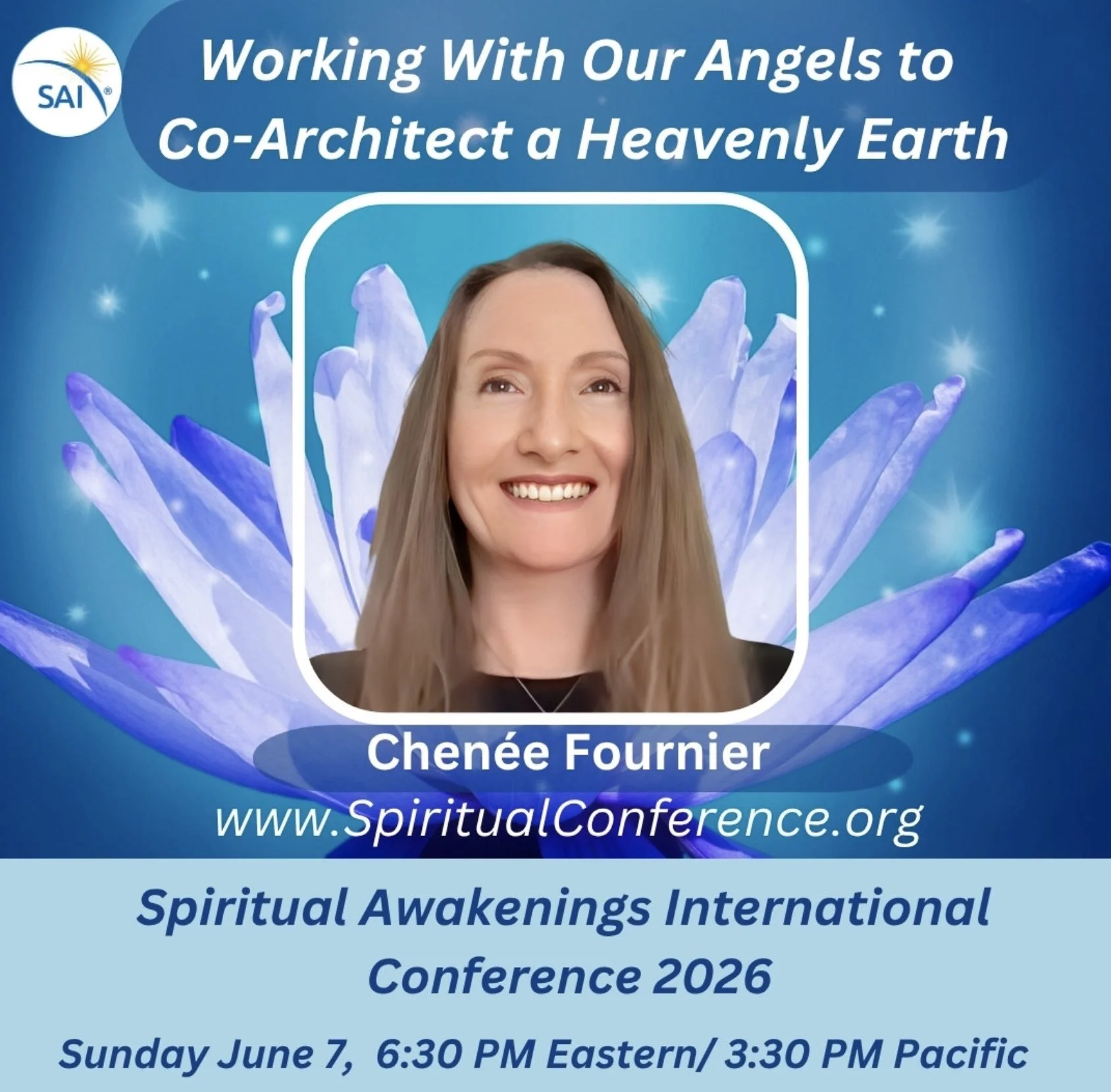 Portrait of Chenee Fournier for the Spiritual Awakenings International Conference 2026 where she was a panelist and spoke about working with our Angels to co-architect a Heavenly Earth