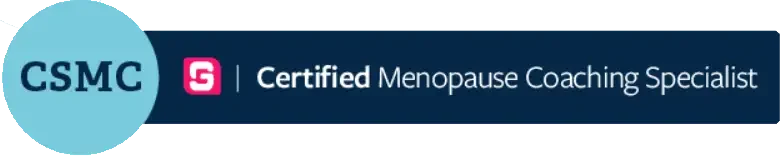 Graphic banner with CSMC logo, pink icon, and text indicating Certified Menopause Coaching Specialist