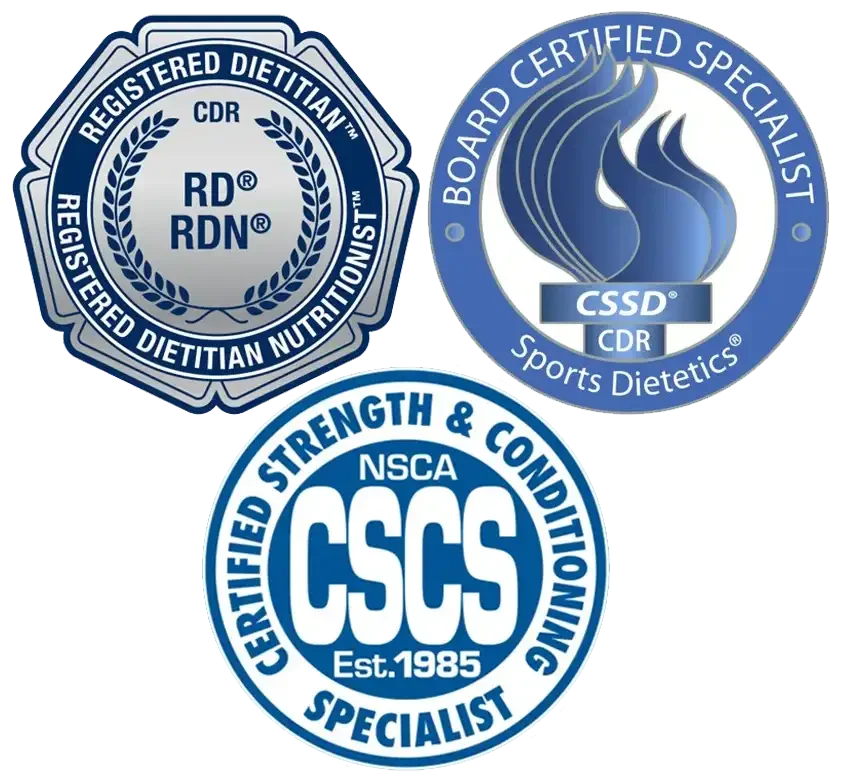 Three certification badges for dietitians and sports dietetics. The top left badge is for registered dietitian nutritionists from the Commission on Dietetic Registration. The top right badge is for board-certified sports dietitians, featuring a flame and the text 'Board Certified Specialist Sports Dietetics.' The bottom badge is for certified strength and conditioning specialists, established in 1985.