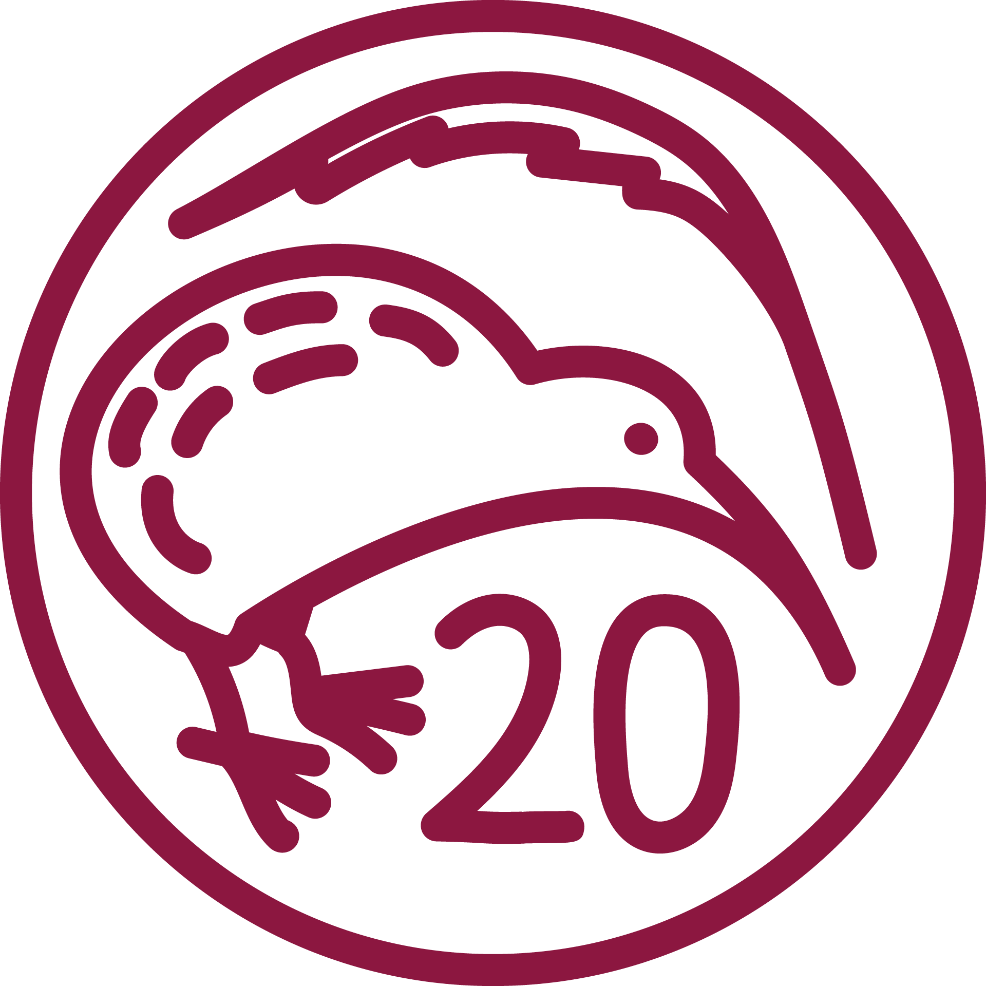 Close-up of a circular logo with maroon outlines and design elements on a black background.