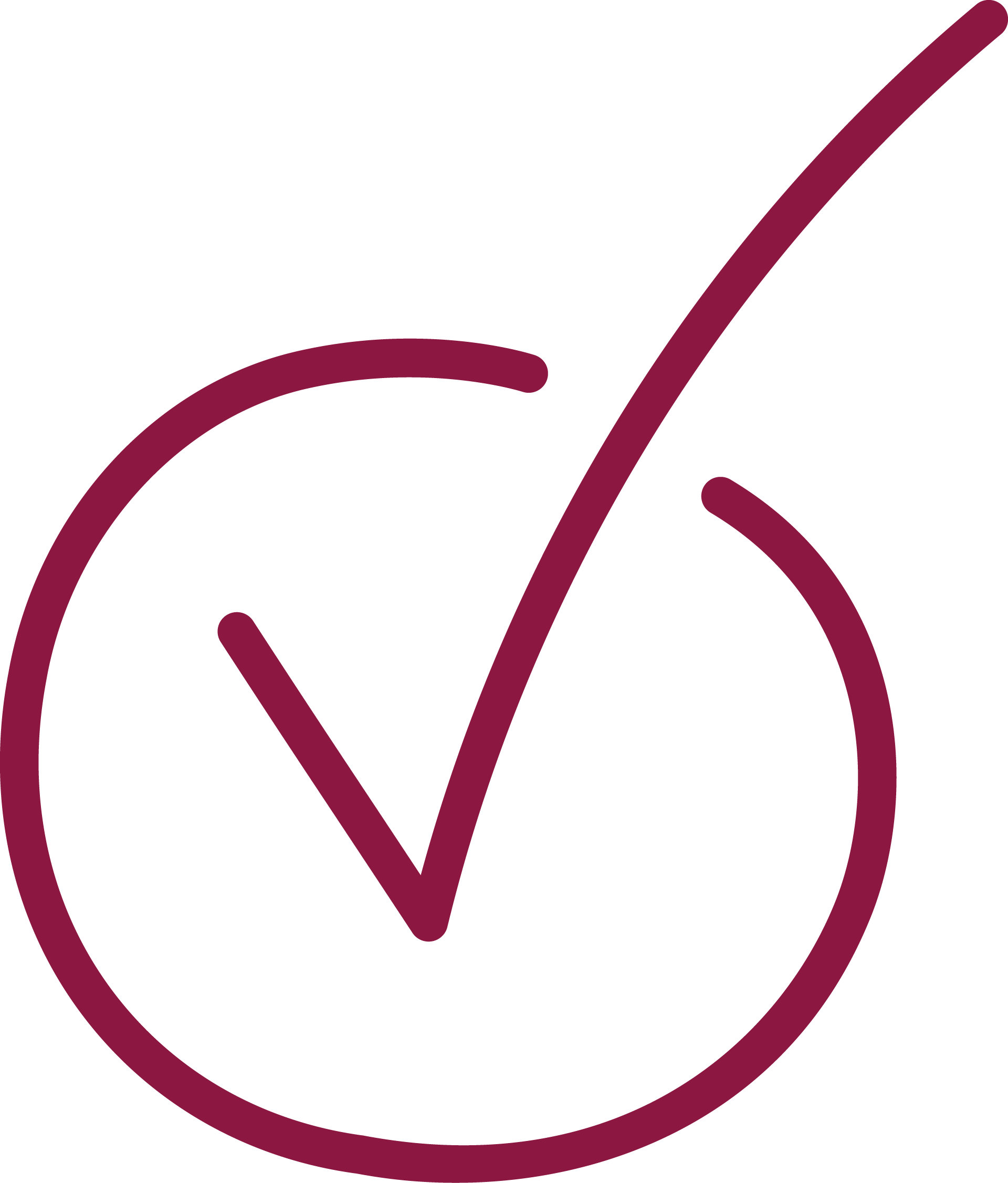 A line drawing of a heart with a checkmark inside, created with maroon-colored lines on a black background.