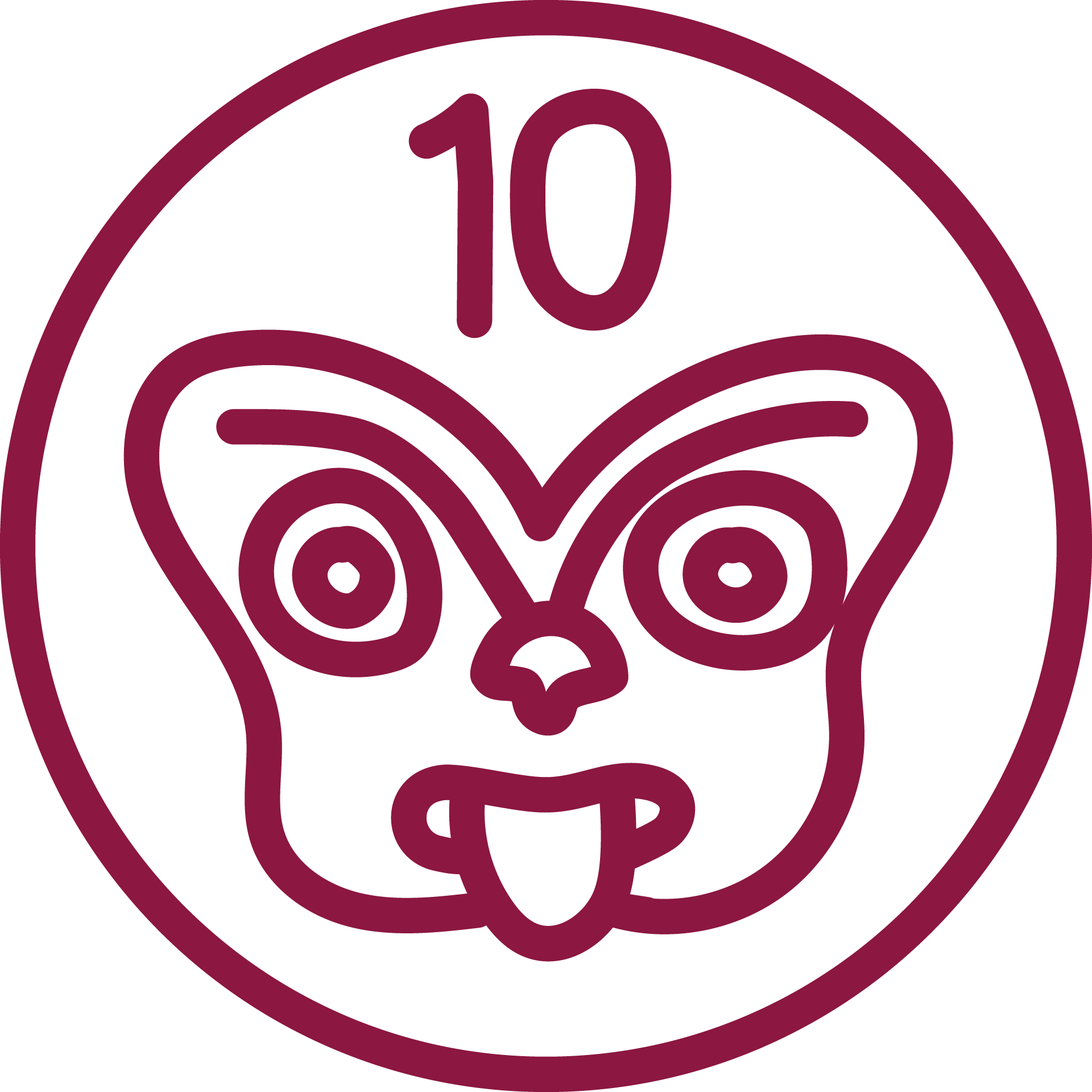 A stylized, maroon-colored owl head illustration with big eyes and a prominent beak, enclosed within a circular outline.