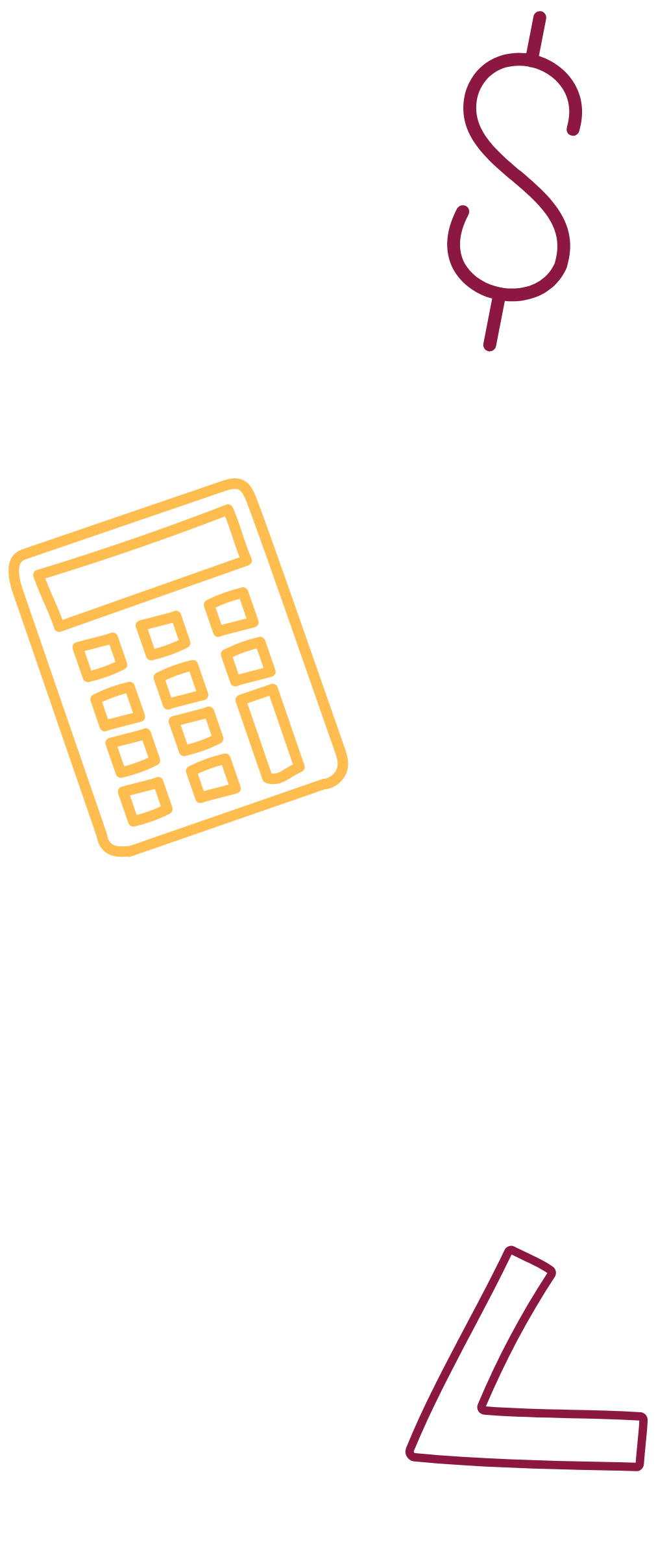 Illustration of calculator, dollar sign, and various abstract financial symbols on a black background, representing finance or accounting.