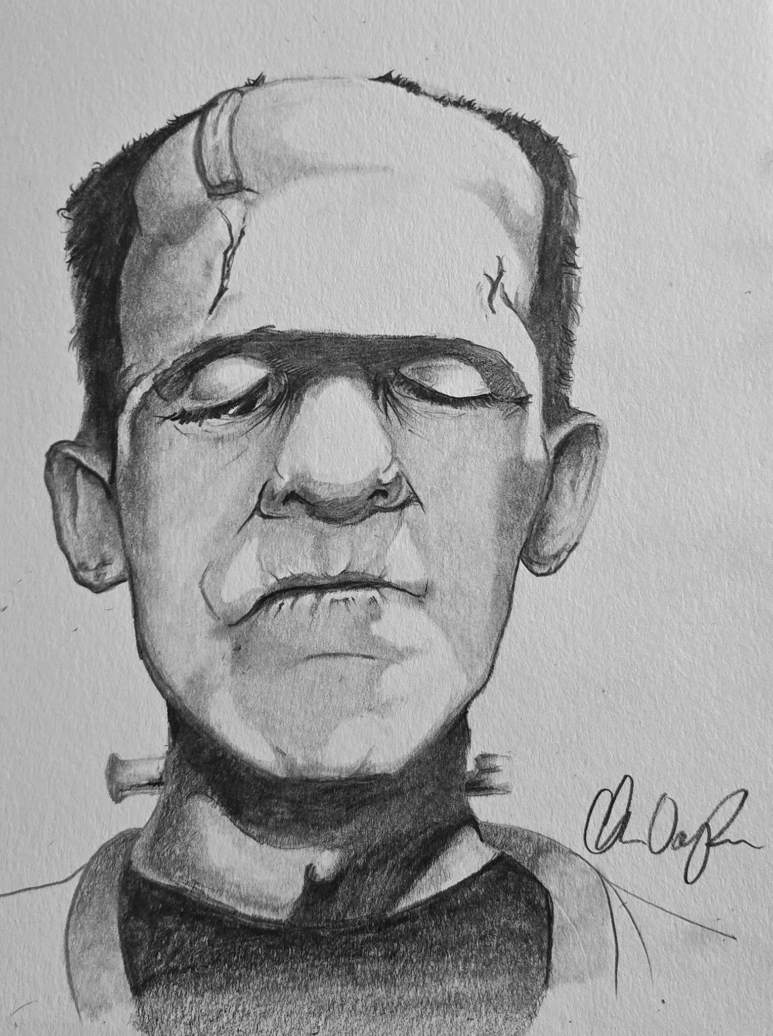 Black and white pencil sketch of a person's face, with eyes closed, short hair, and wearing a dark shirt, signed at the bottom right.