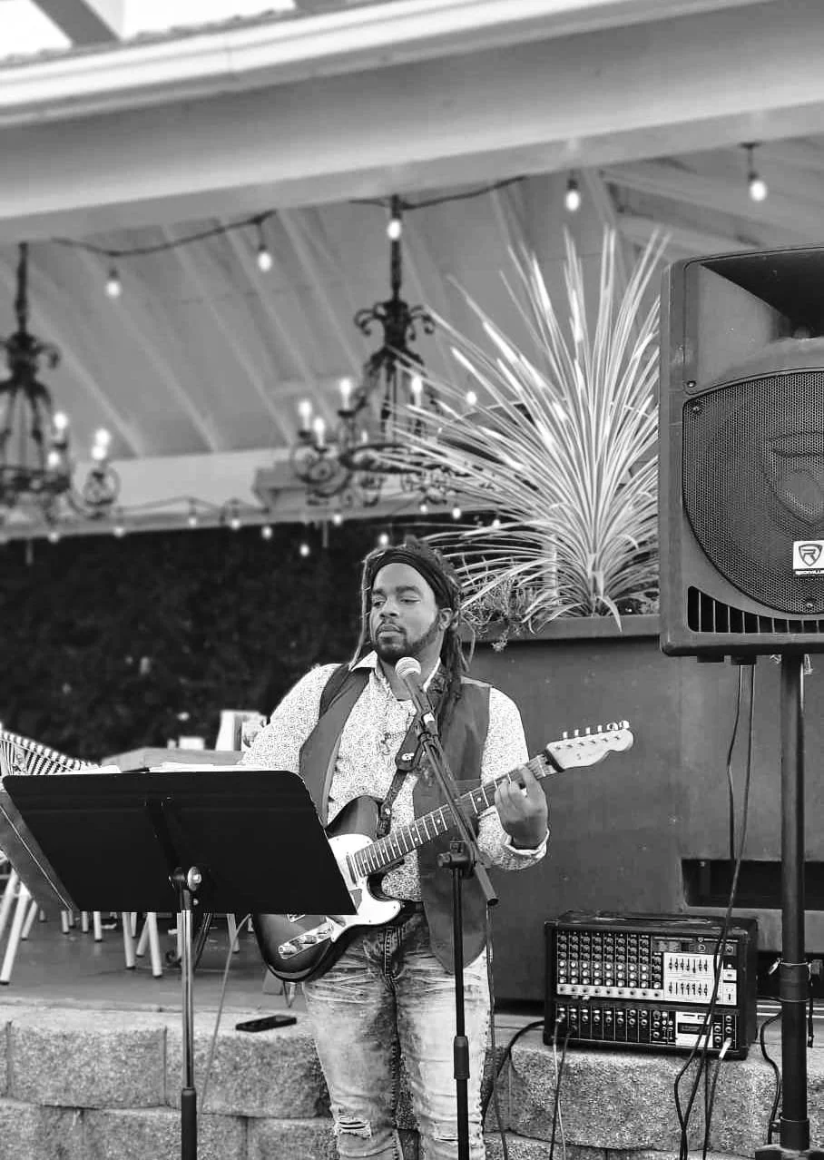 A man with dreadlocks playing electric guitar and singing into a microphone during a live performance, with stage equipment and decorative plants behind him.